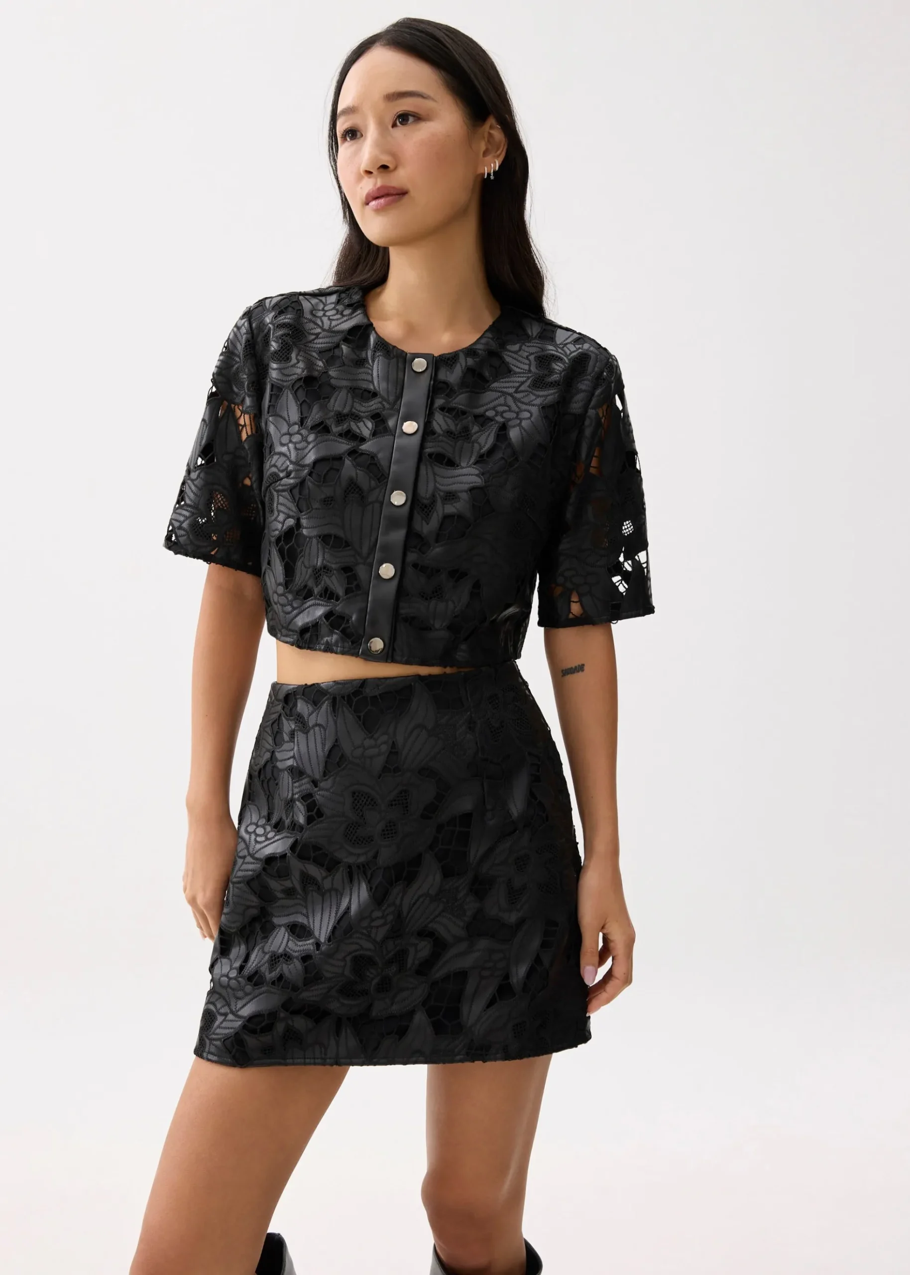 Relaxed Vegan Leather Lace Crop Top