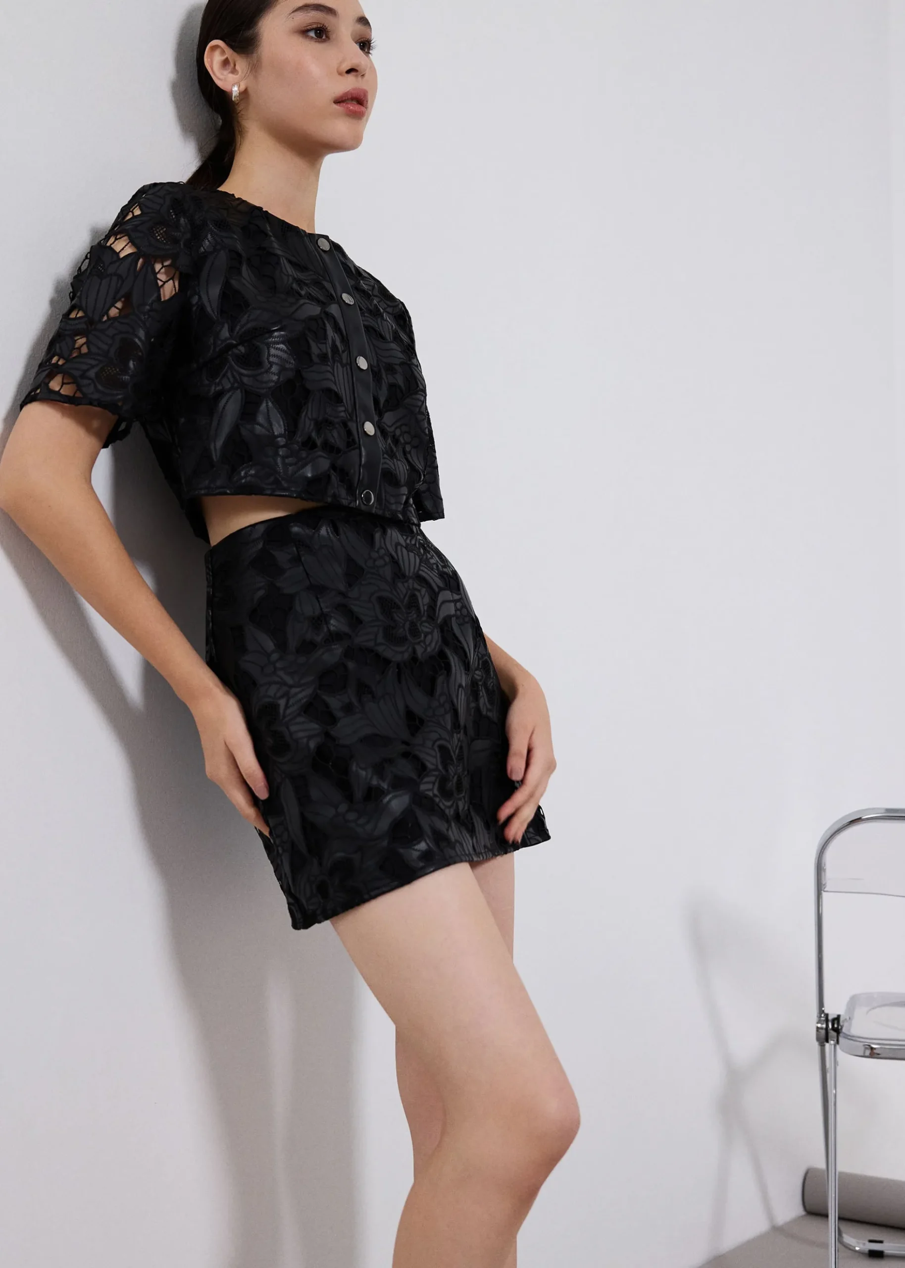 Relaxed Vegan Leather Lace Crop Top