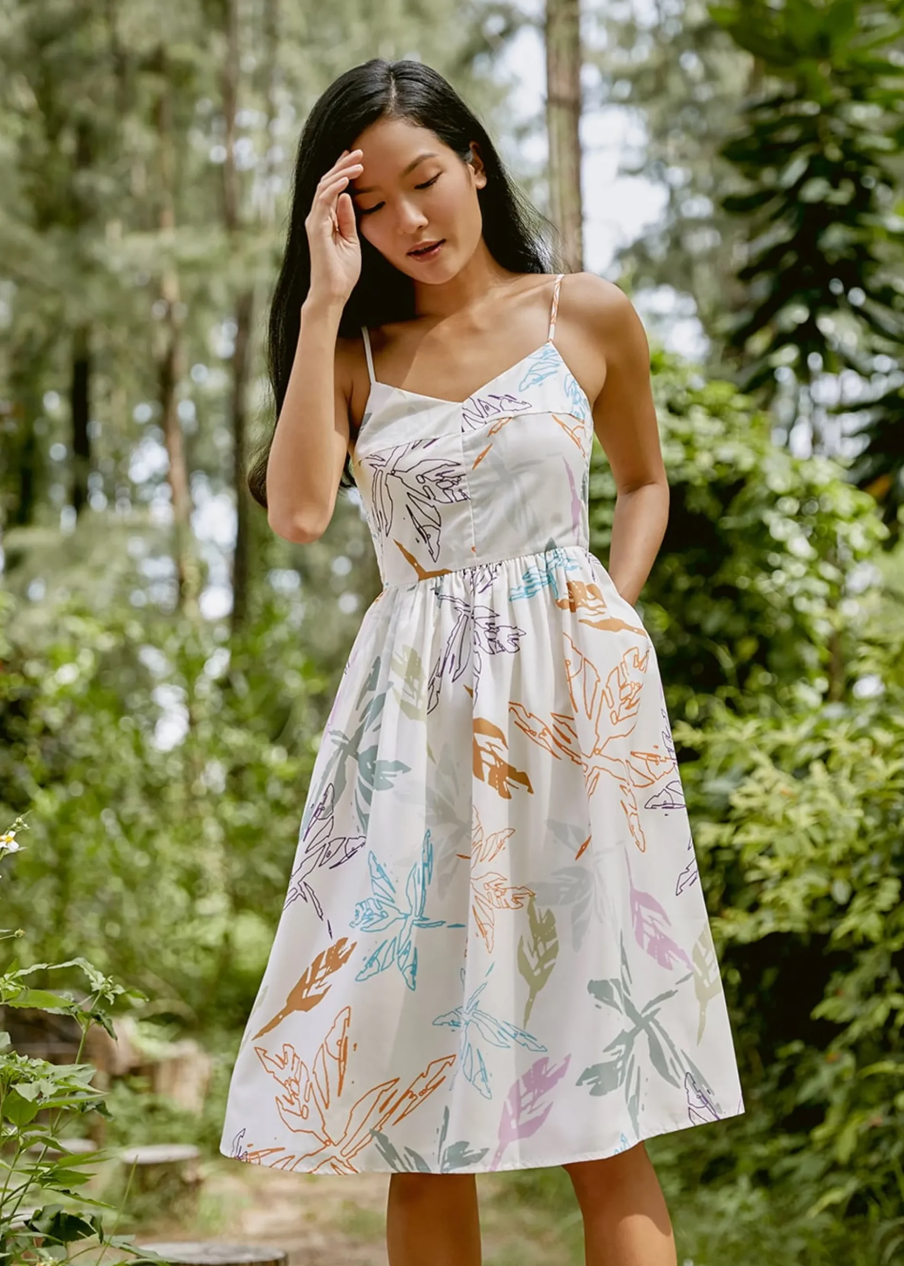 Rhosyn Ruched Midi Dress in Vibrant Foliage