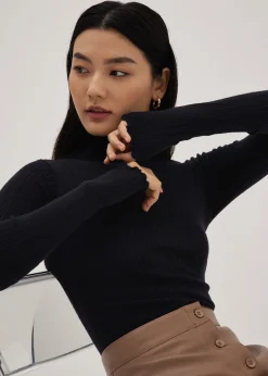 Ribbed Knit High Neck Fitted Top