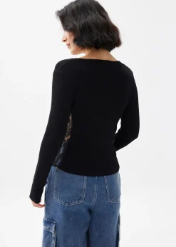 Ribbed Knit Lace Trim V-neck Top
