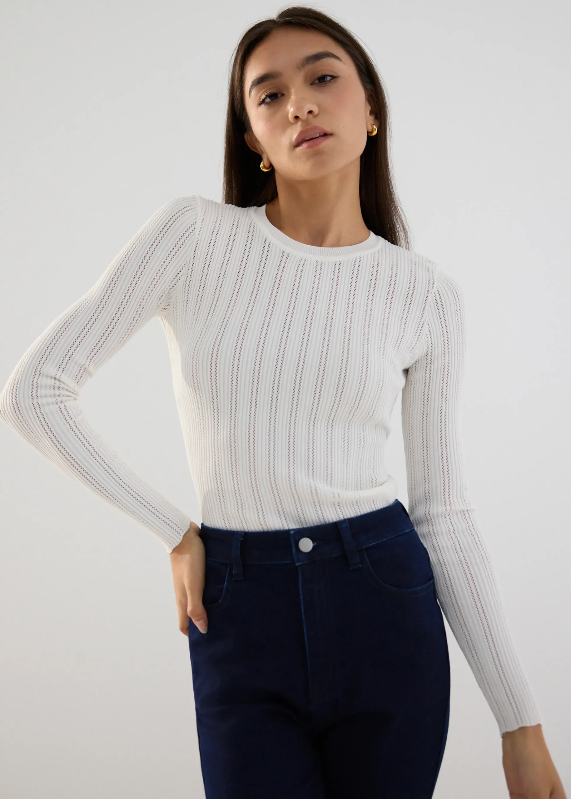Round Neck Pointelle Knit Top