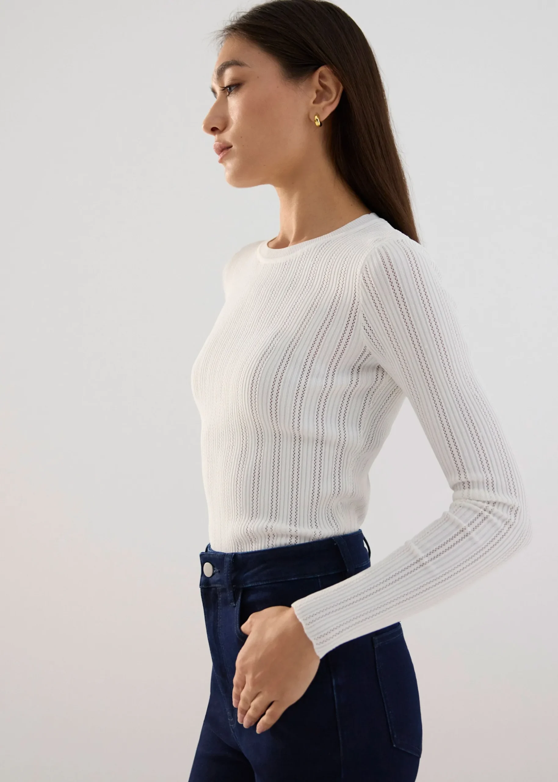 Round Neck Pointelle Knit Top