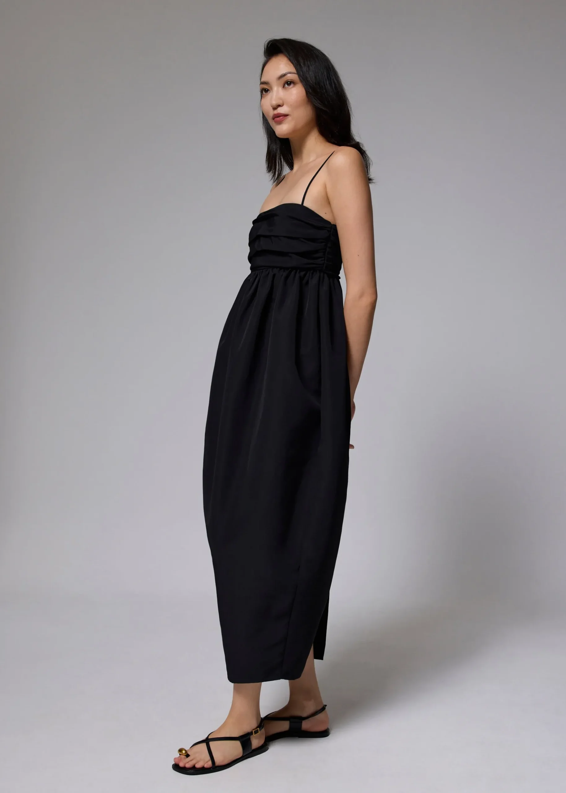 Ruched Straight Neck Tulip Maxi Dress