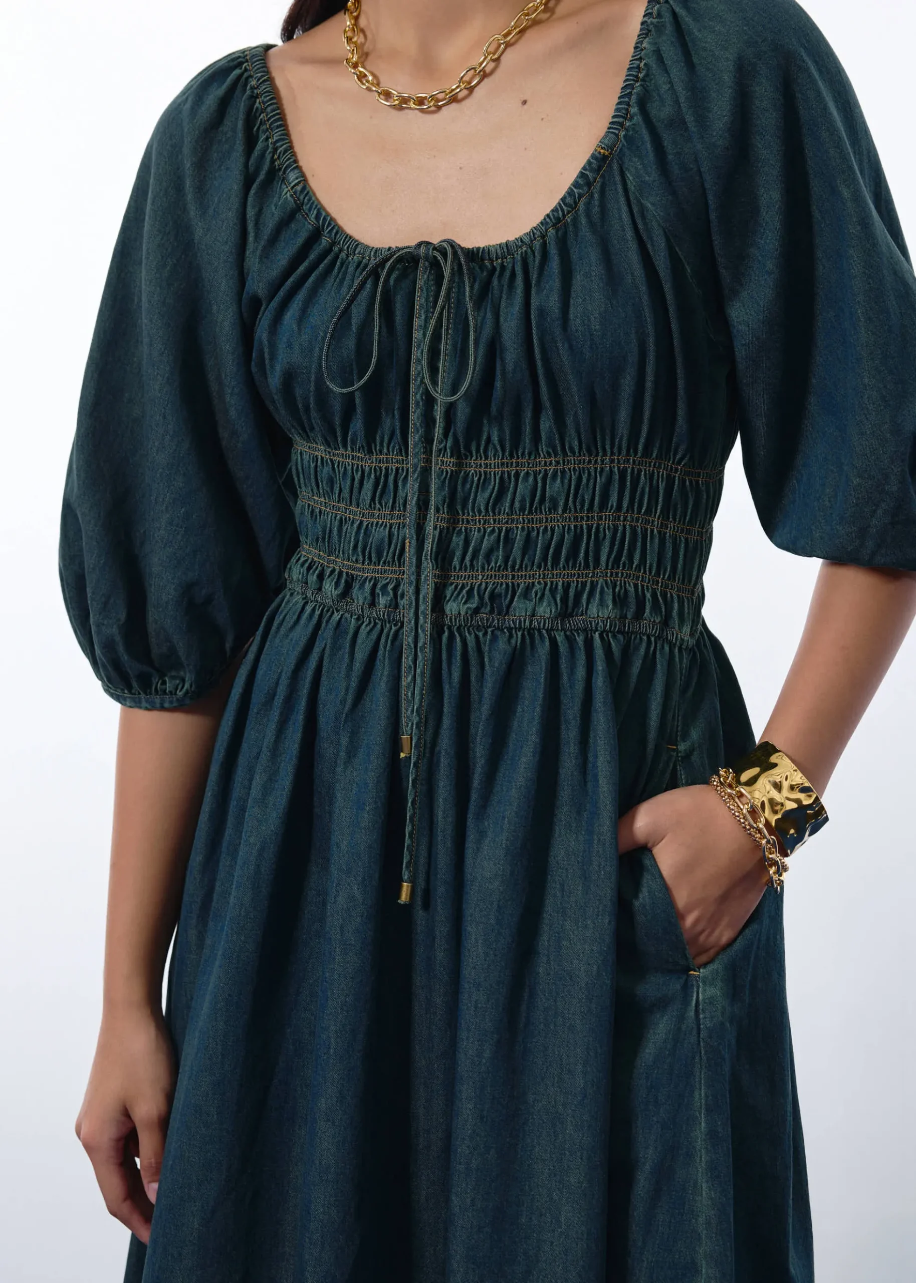 Ruched Vintage Wash Denim Fit & Flare Midaxi Dress