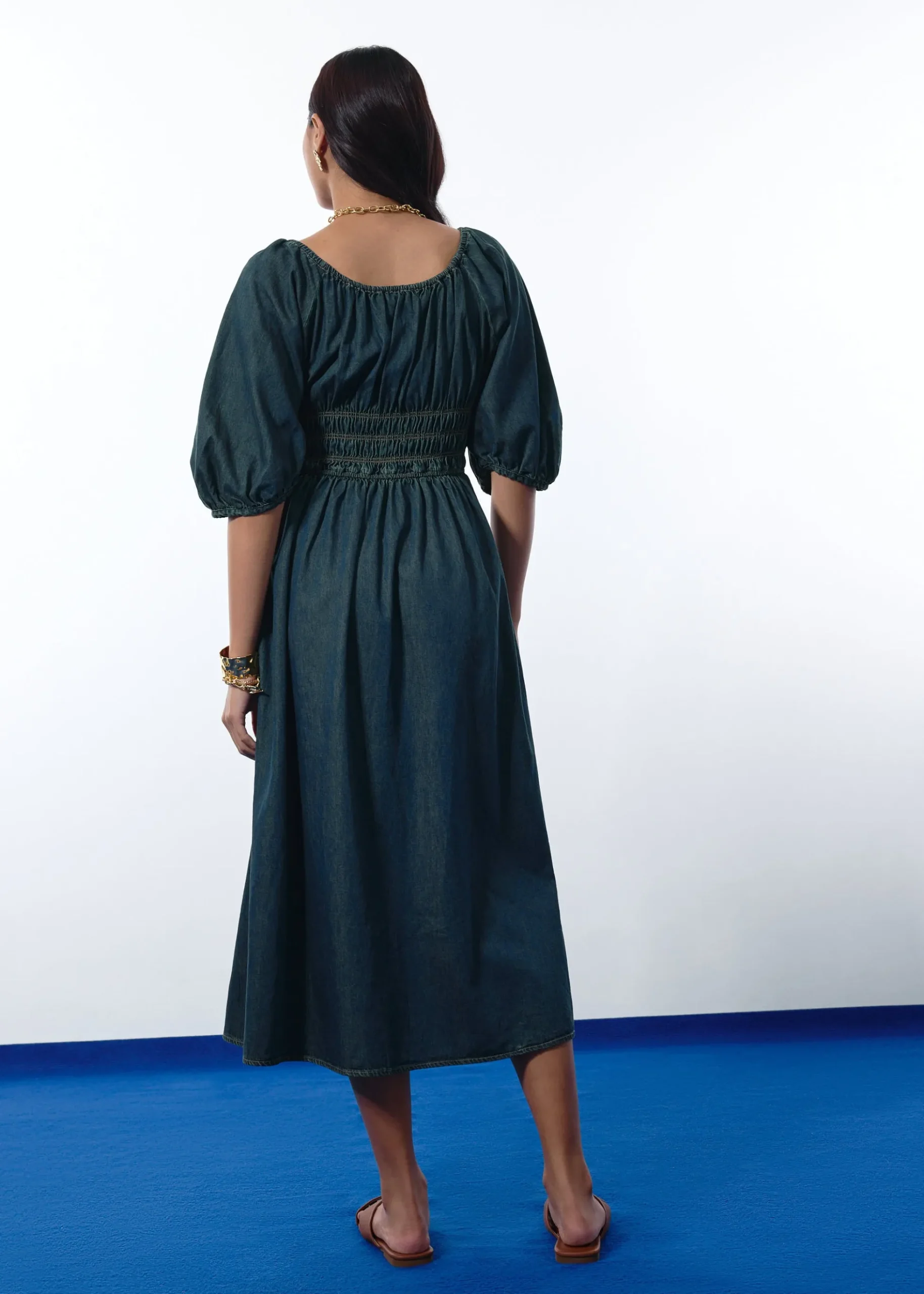 Ruched Vintage Wash Denim Fit & Flare Midaxi Dress