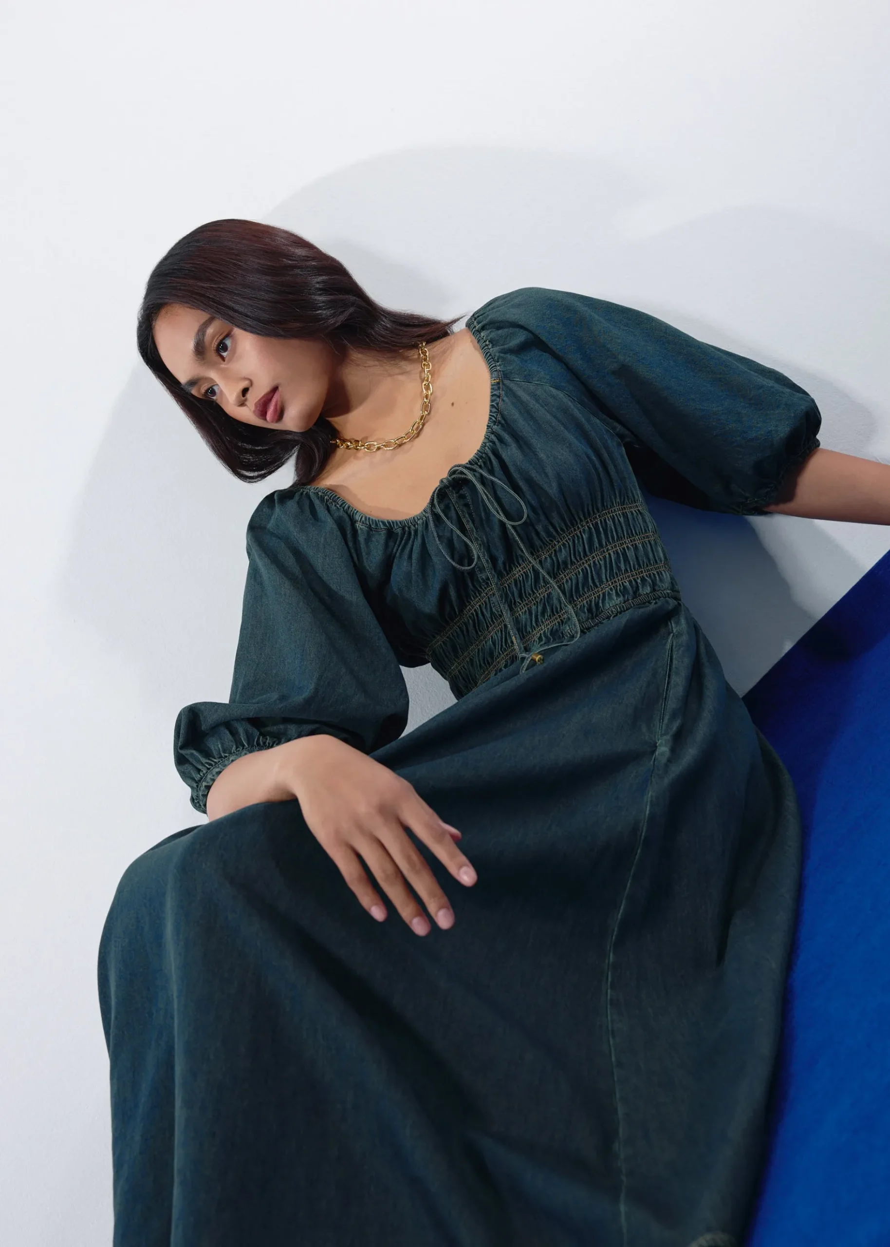 Ruched Vintage Wash Denim Fit & Flare Midaxi Dress