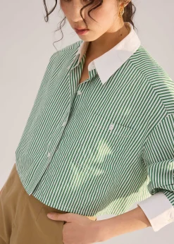 RuchedReady® Striped Cotton Collared Boxy Button Down Top
