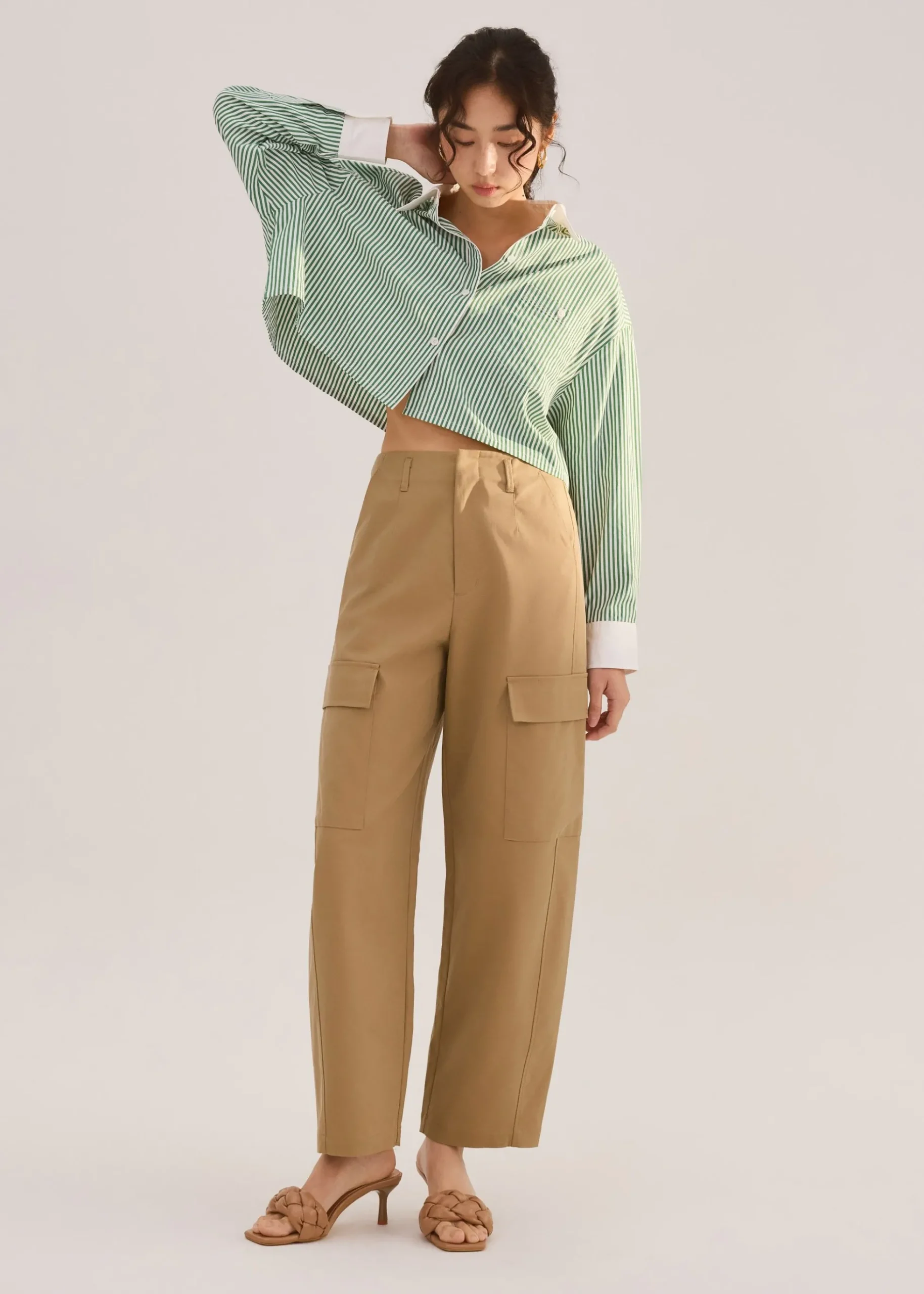 RuchedReady® Striped Cotton Collared Boxy Button Down Top