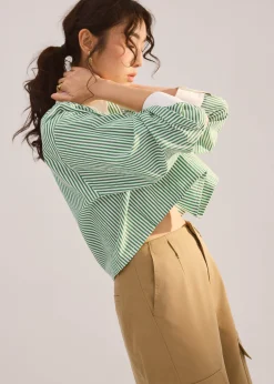 RuchedReady® Striped Cotton Collared Boxy Button Down Top