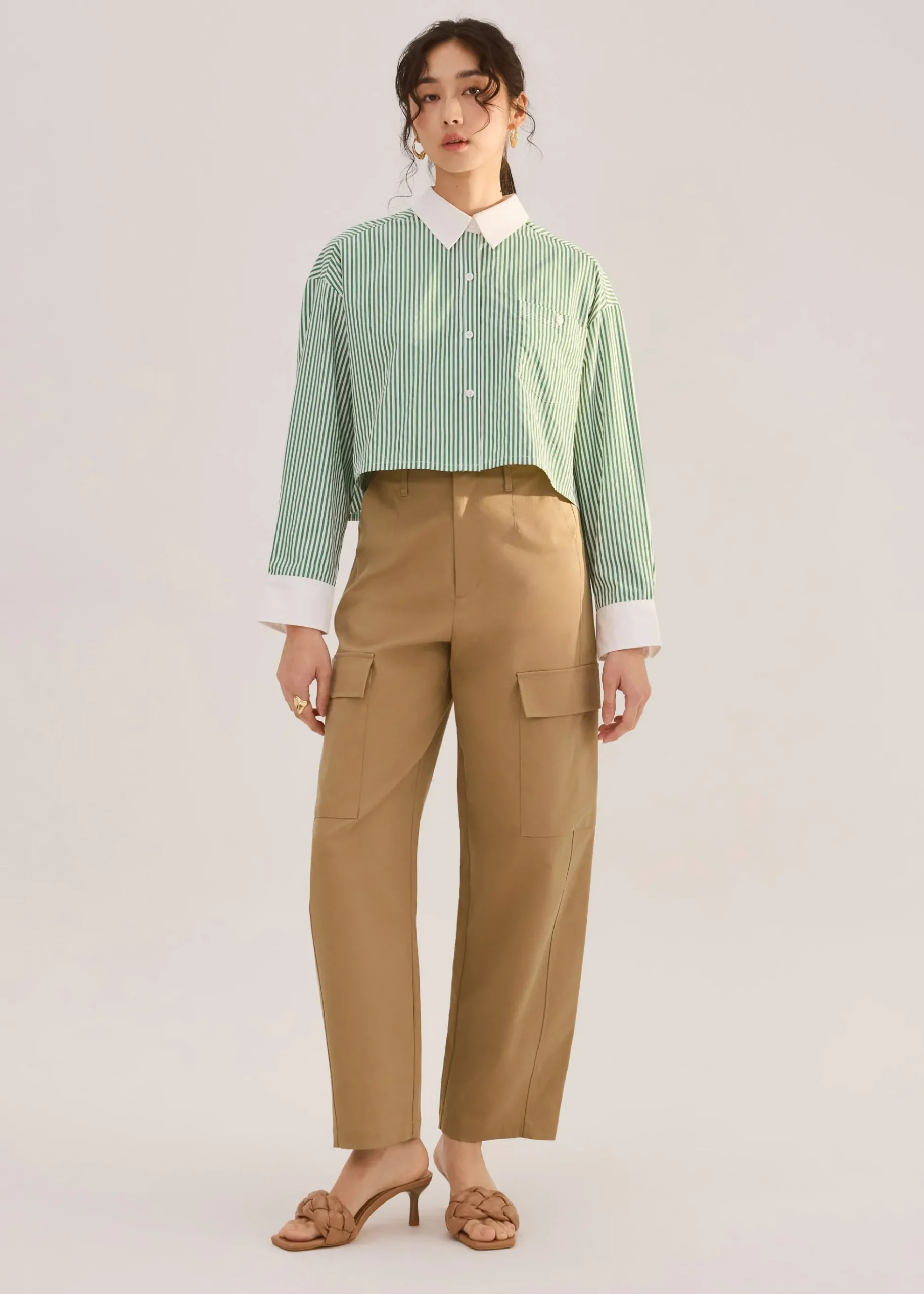 RuchedReady® Striped Cotton Collared Boxy Button Down Top