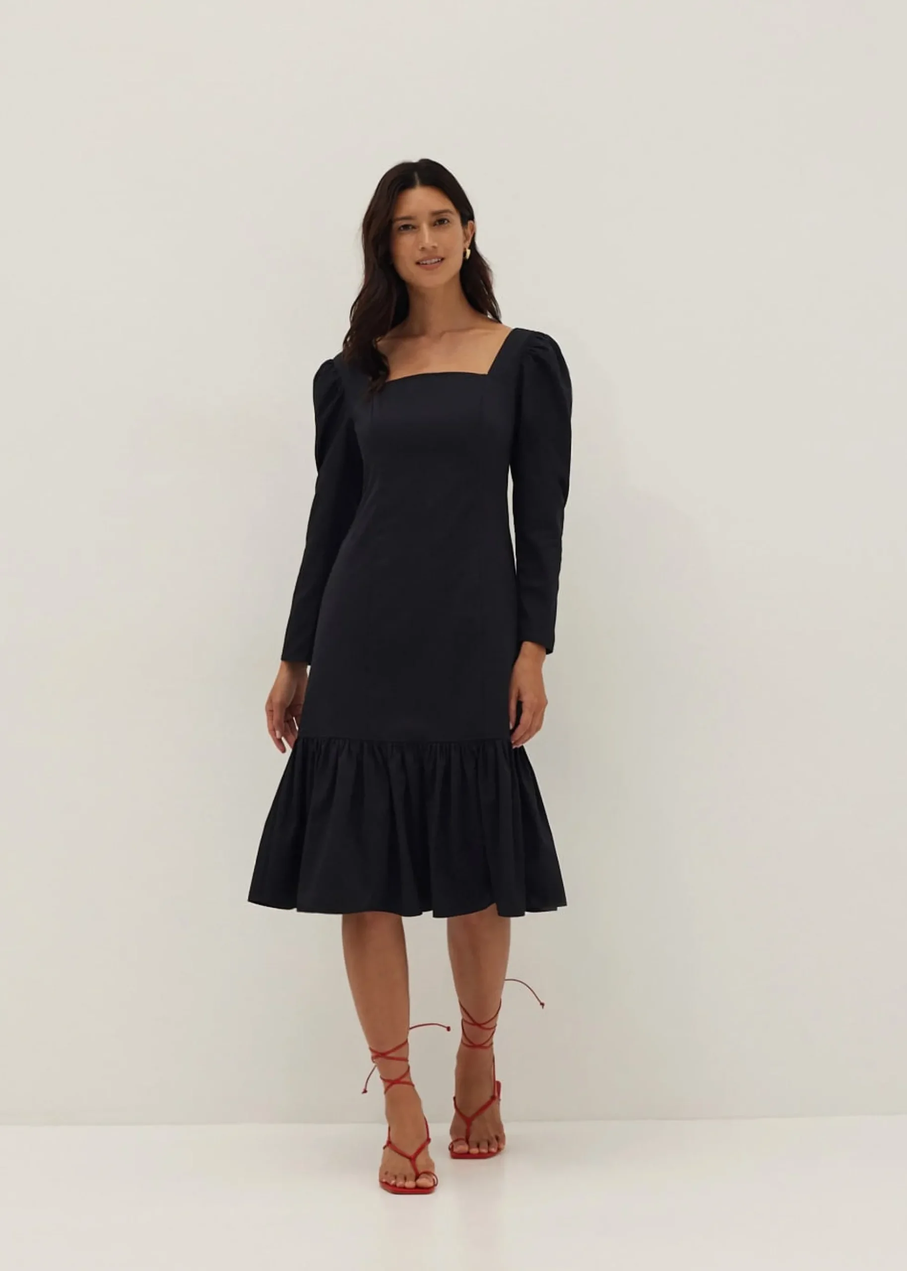 Ruffle Square Neck Flare Midi Dress