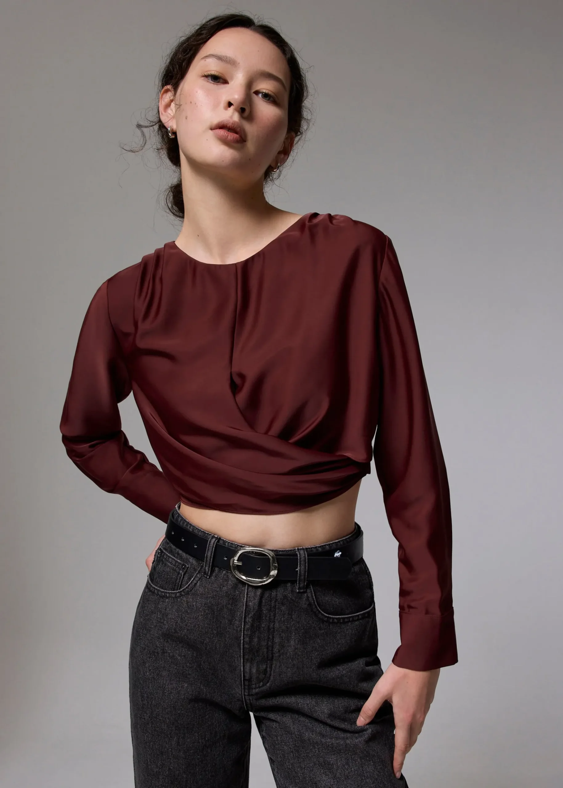 Satin Crop Drape Blouse