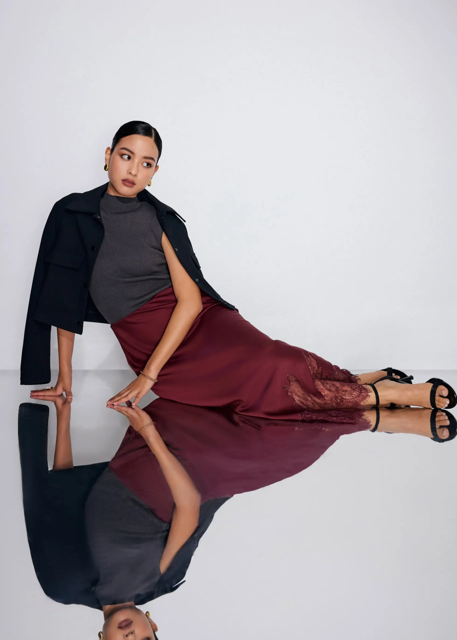 Satin Lace Trim Column Midaxi Skirt