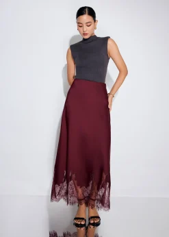 Satin Lace Trim Column Midaxi Skirt
