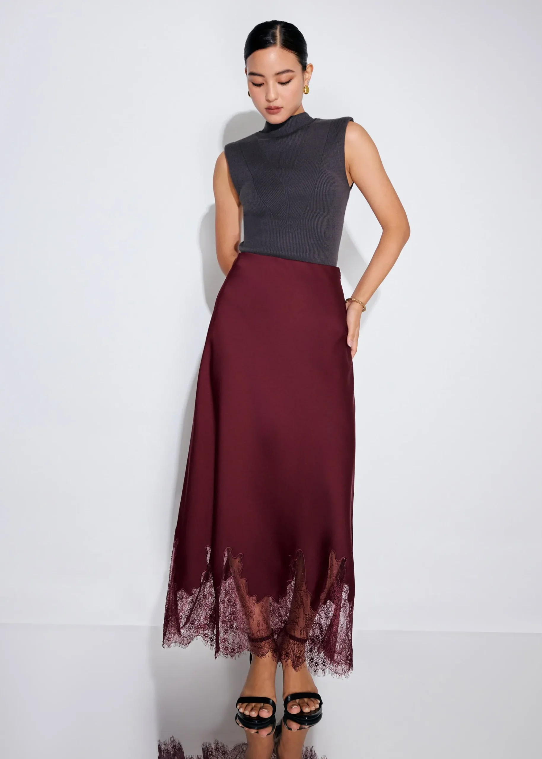 Satin Lace Trim Column Midaxi Skirt