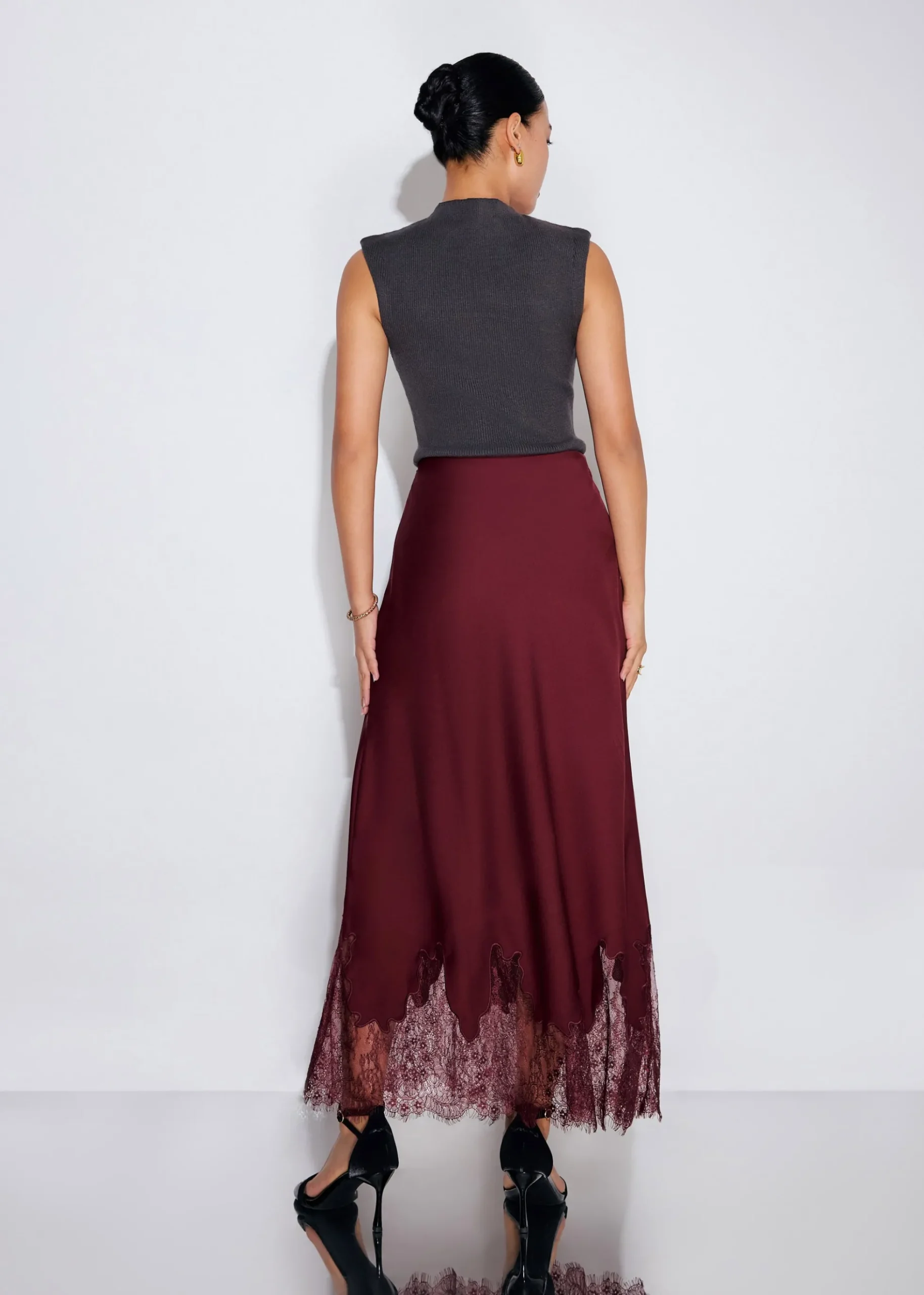 Satin Lace Trim Column Midaxi Skirt