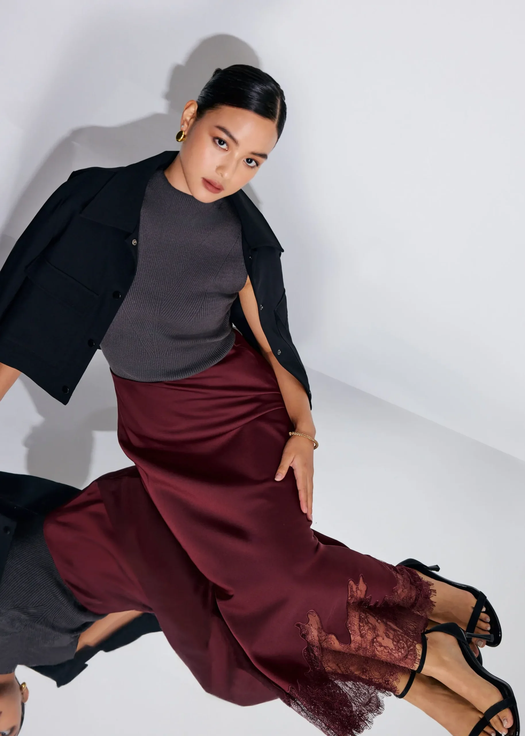 Satin Lace Trim Column Midaxi Skirt