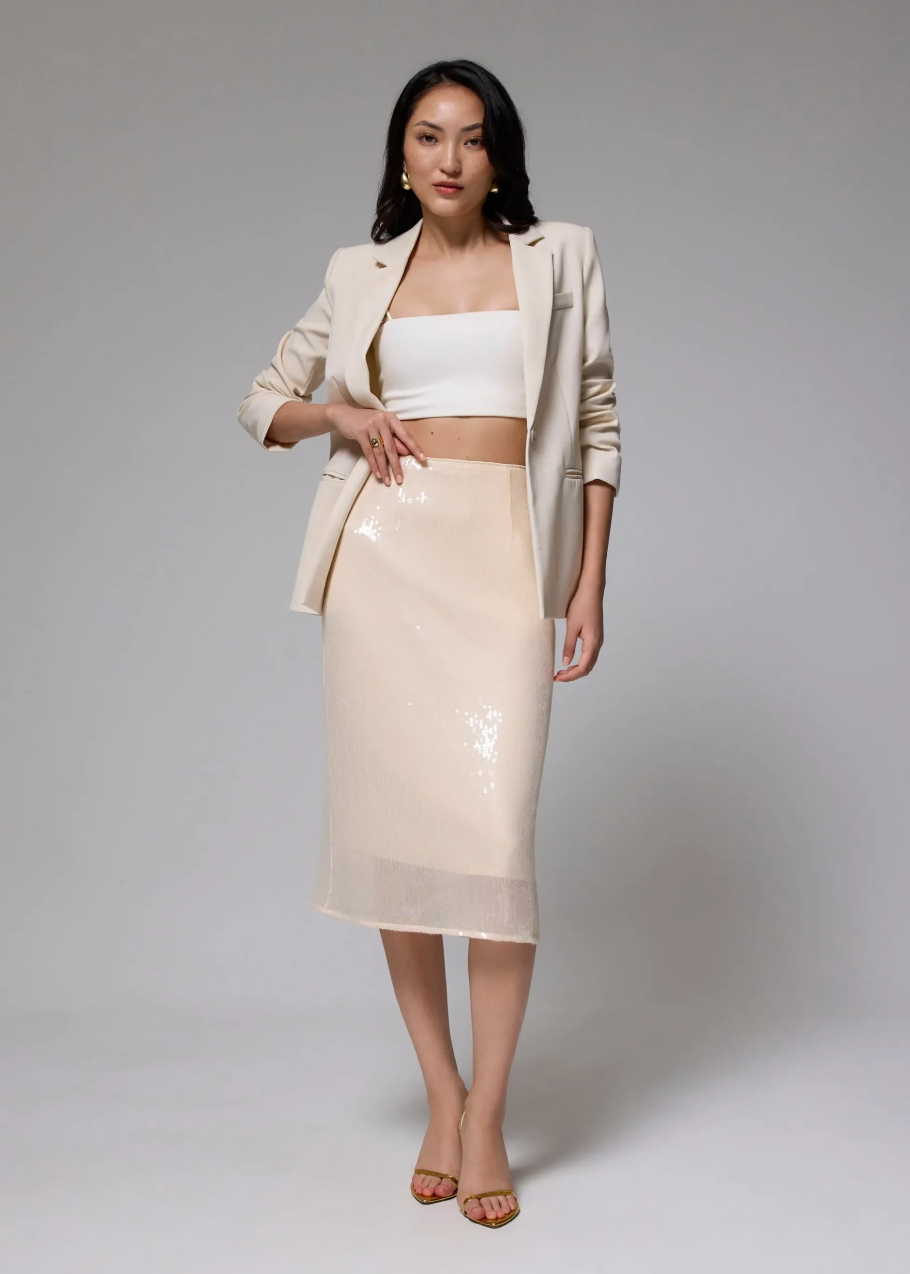 Sequin High Waist Column Midi Skirt