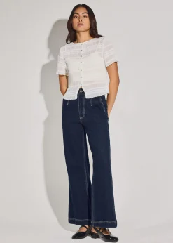 Sheer Crinkled Boat Neck Fitted Button Down Top