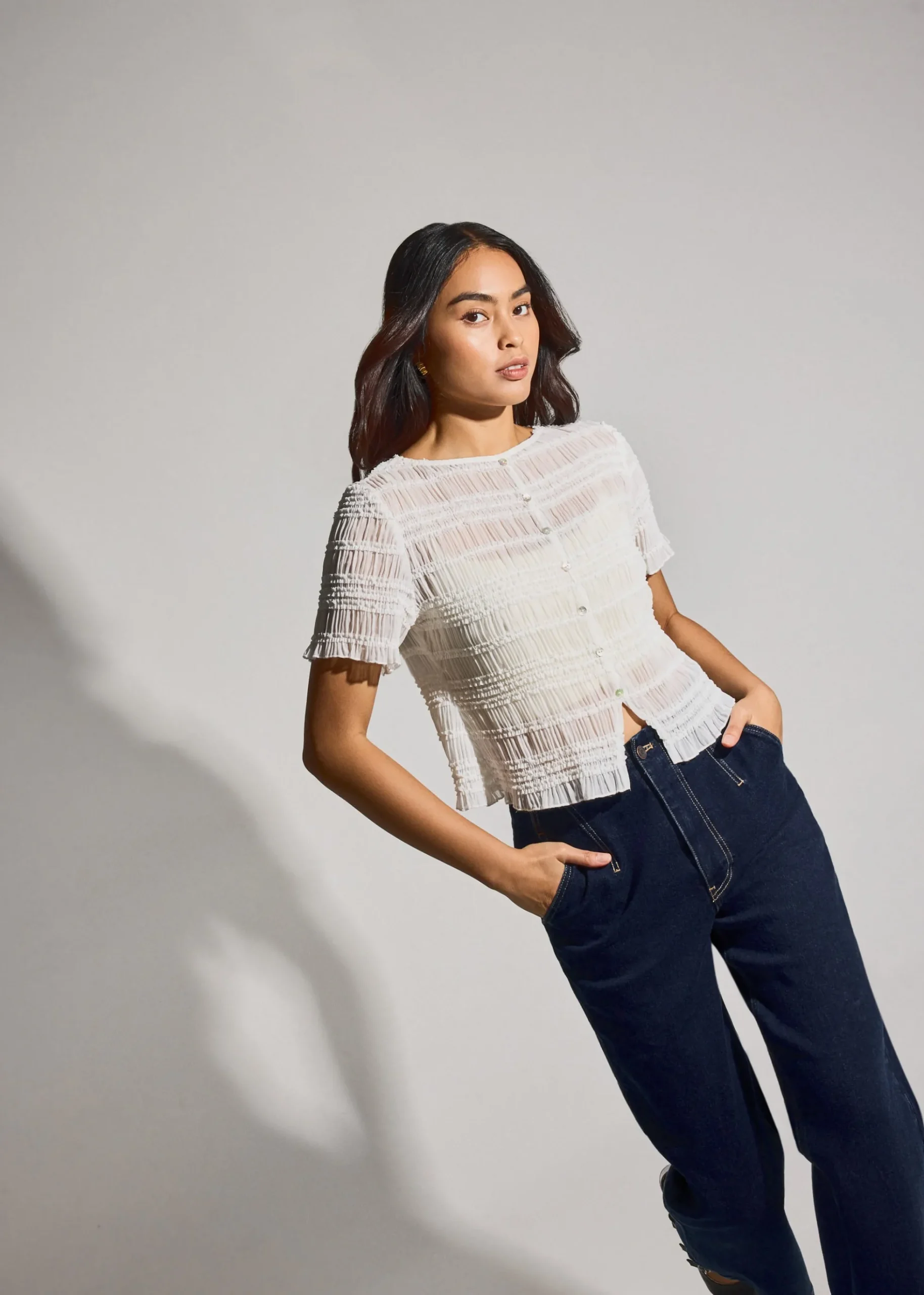 Sheer Crinkled Boat Neck Fitted Button Down Top