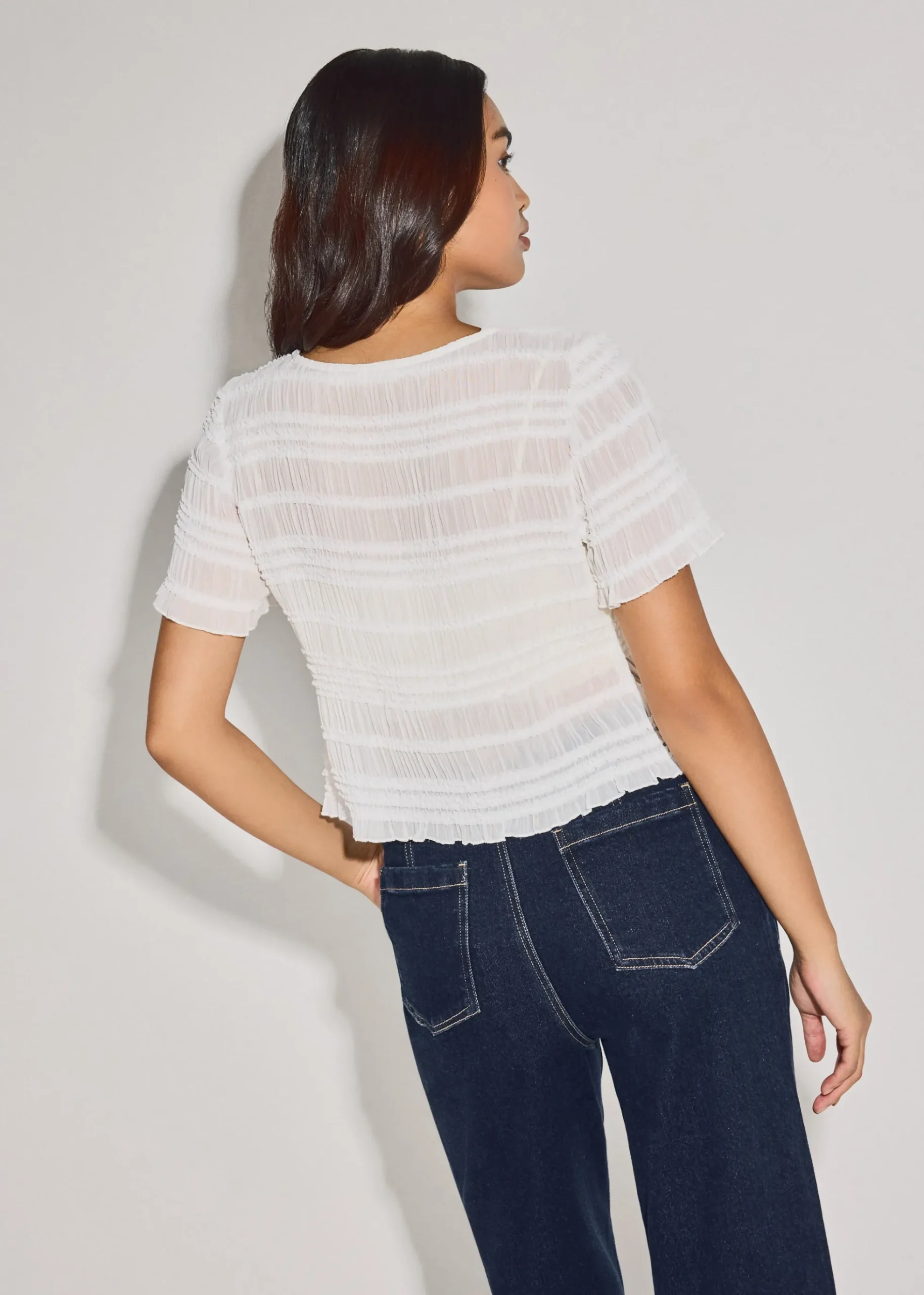 Sheer Crinkled Boat Neck Fitted Button Down Top