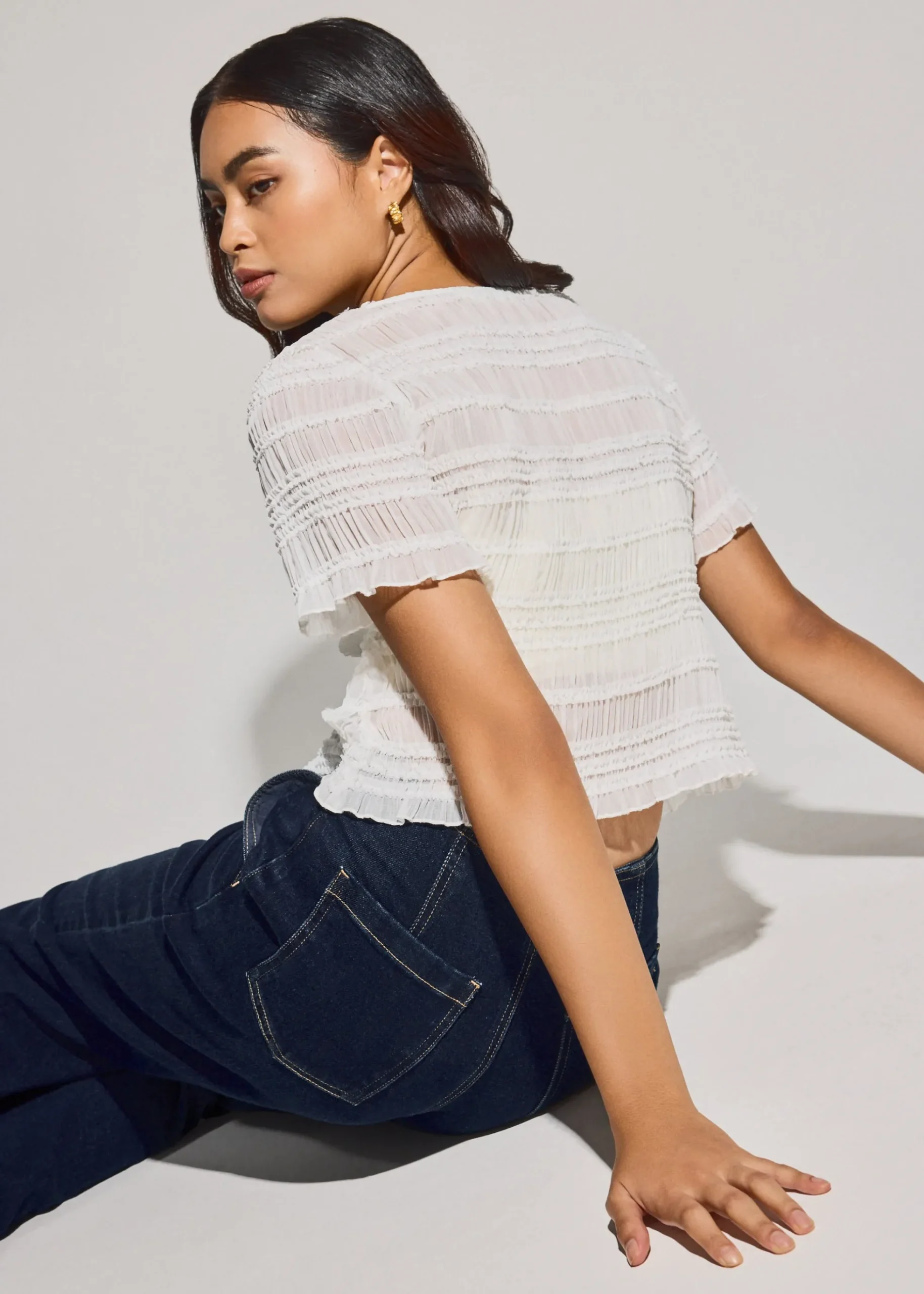 Sheer Crinkled Boat Neck Fitted Button Down Top
