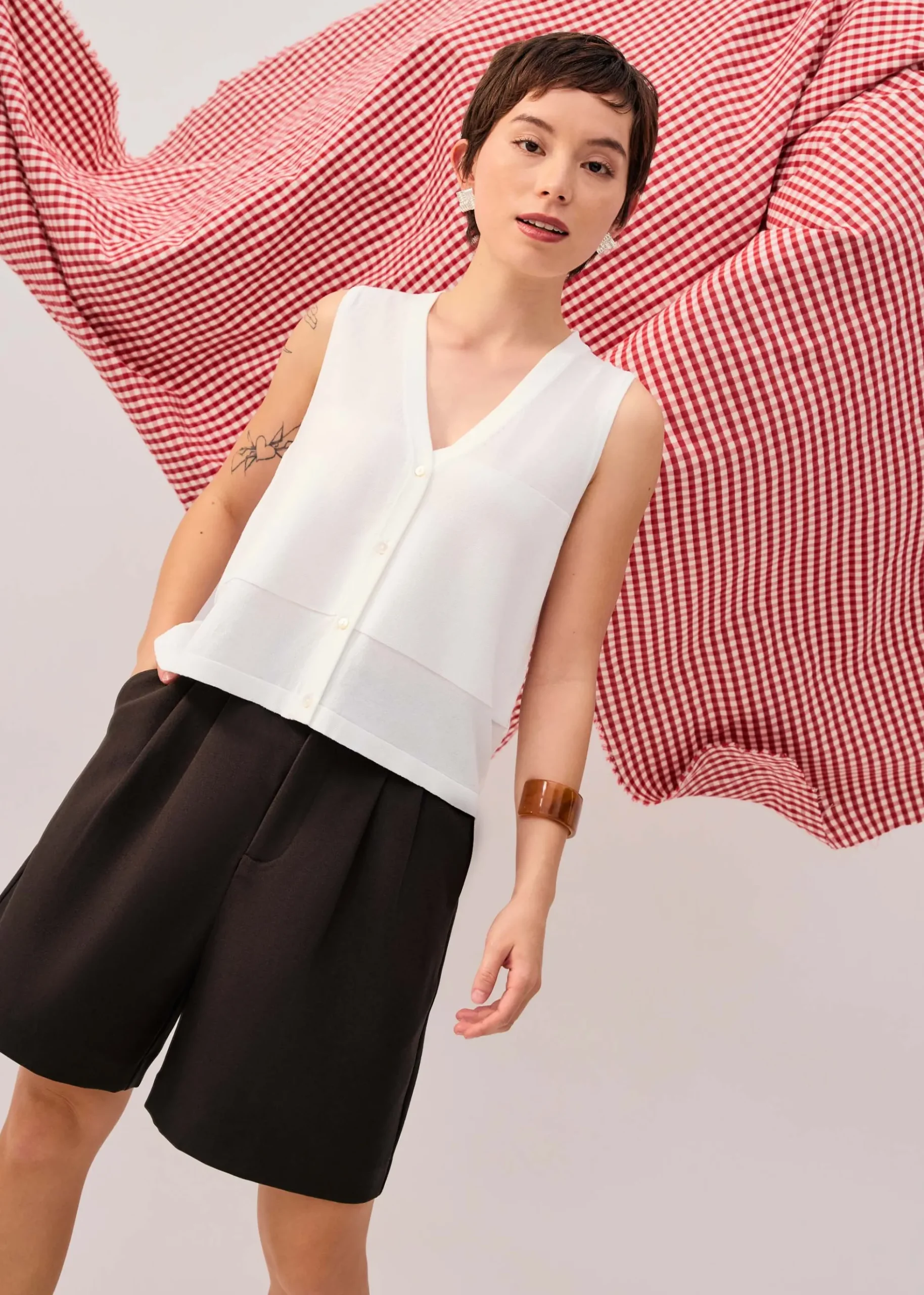 Sheer Knit Front Panel V-Neck Vest Top