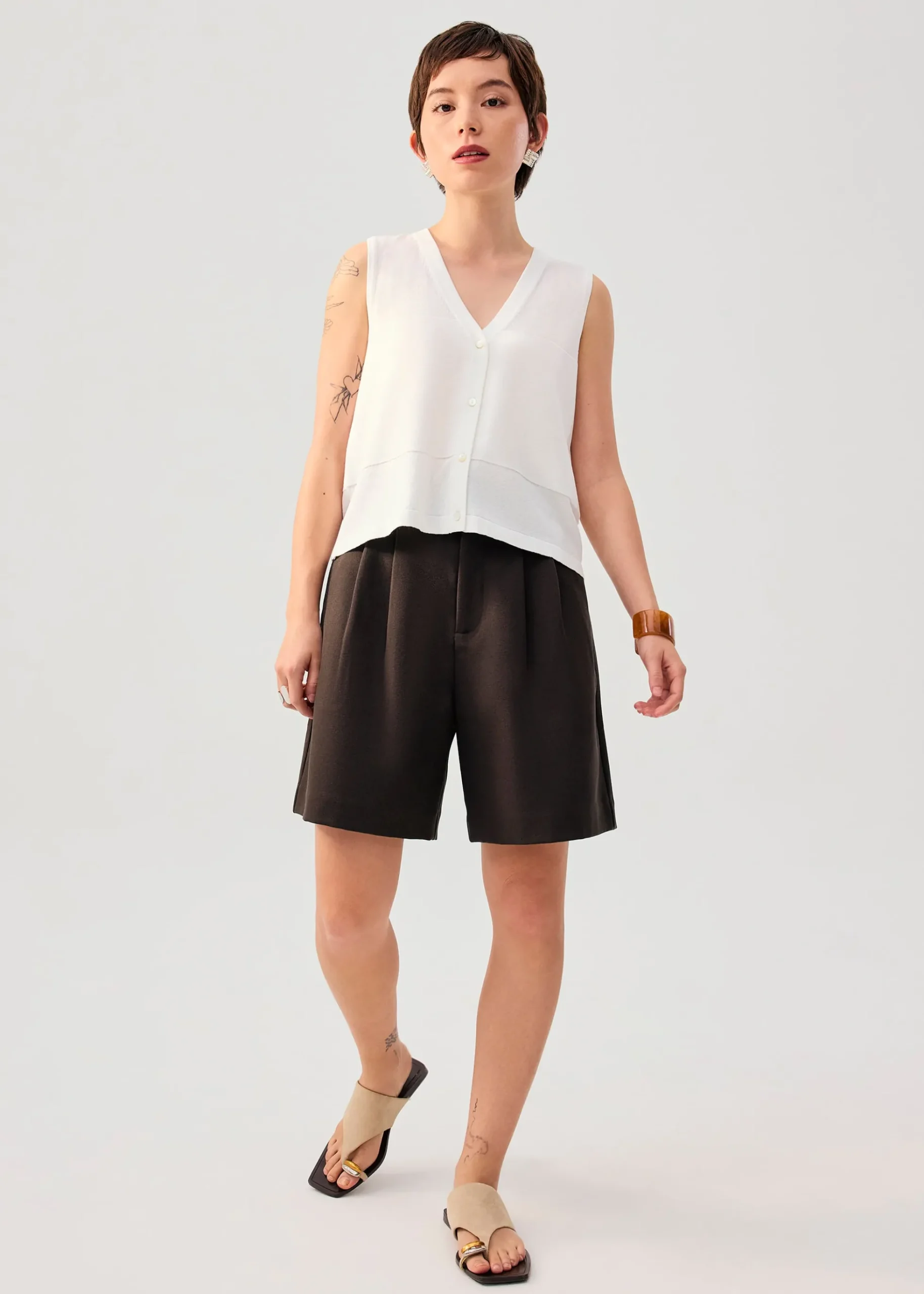 Sheer Knit Front Panel V-Neck Vest Top
