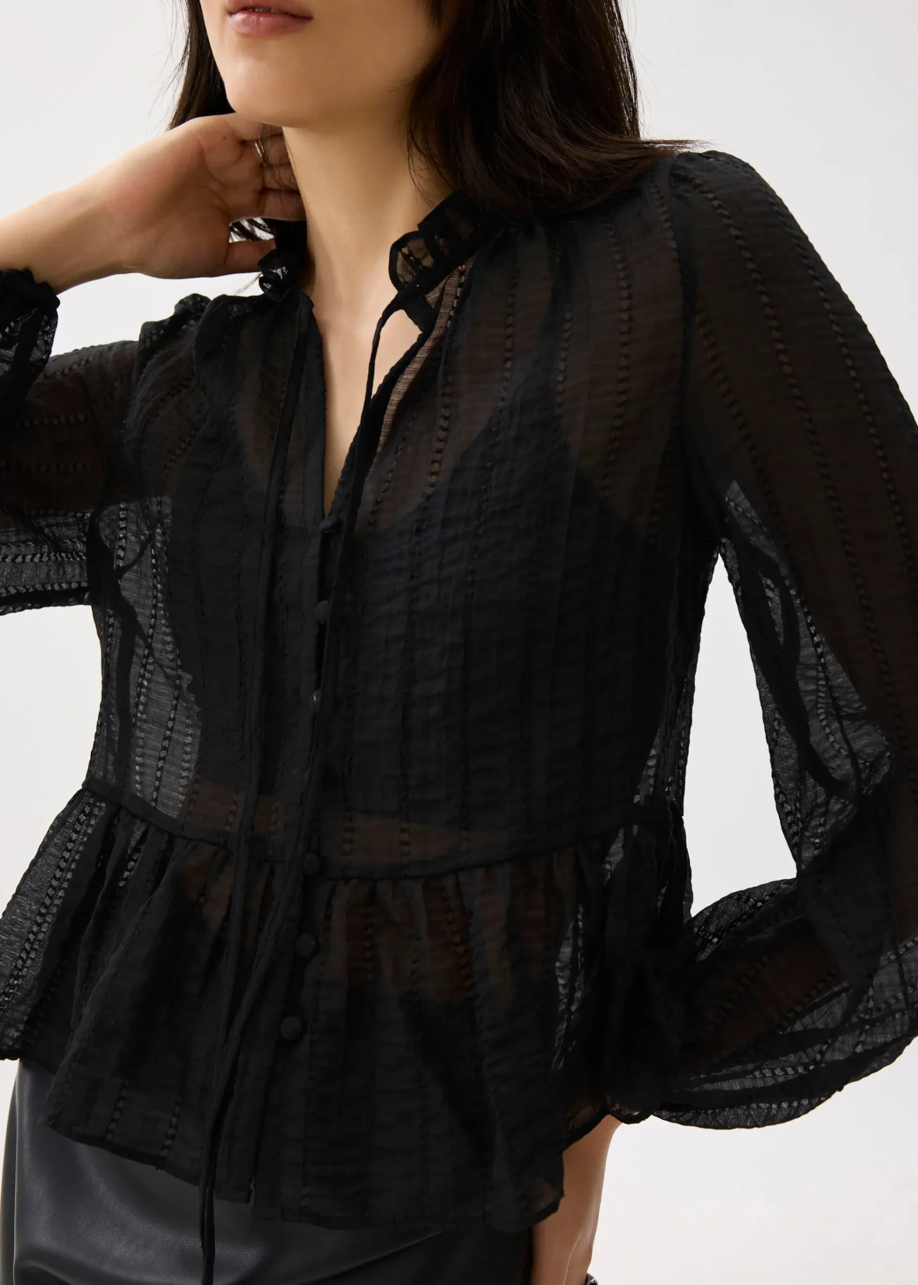 Sheer Peplum Puff Sleeve Blouse