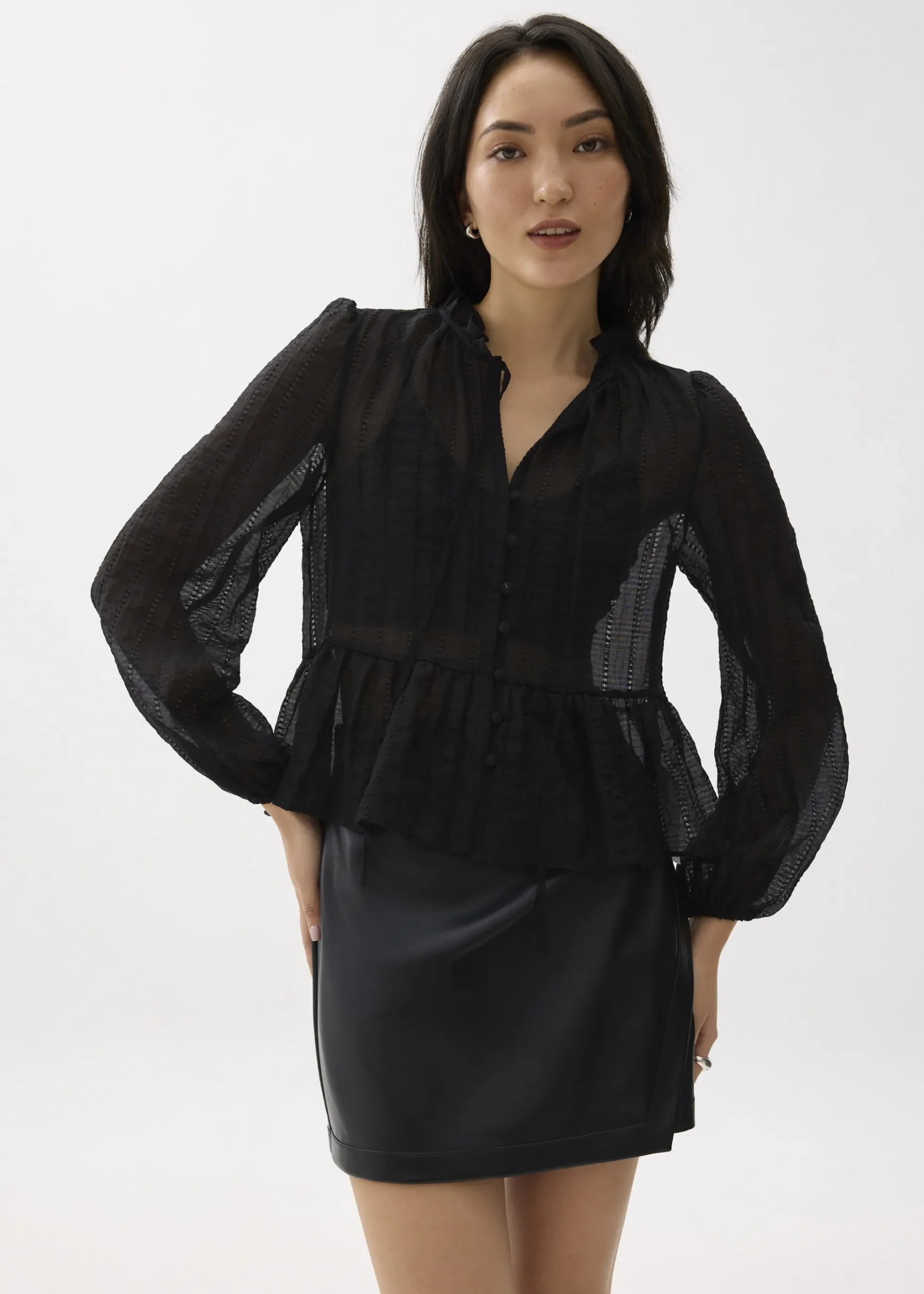 Sheer Peplum Puff Sleeve Blouse