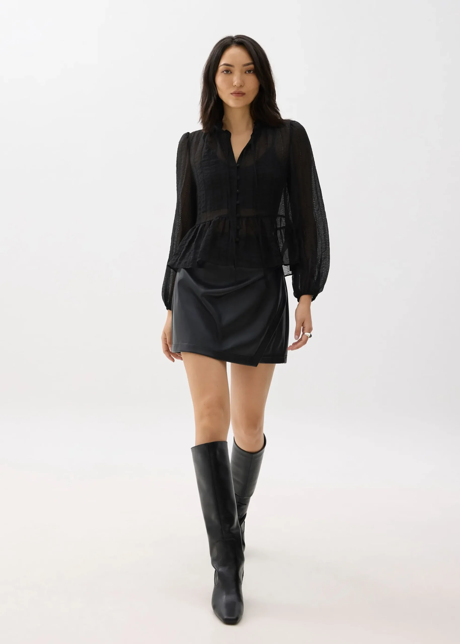Sheer Peplum Puff Sleeve Blouse