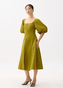 Square Neck Puff Sleeve Midi Dress