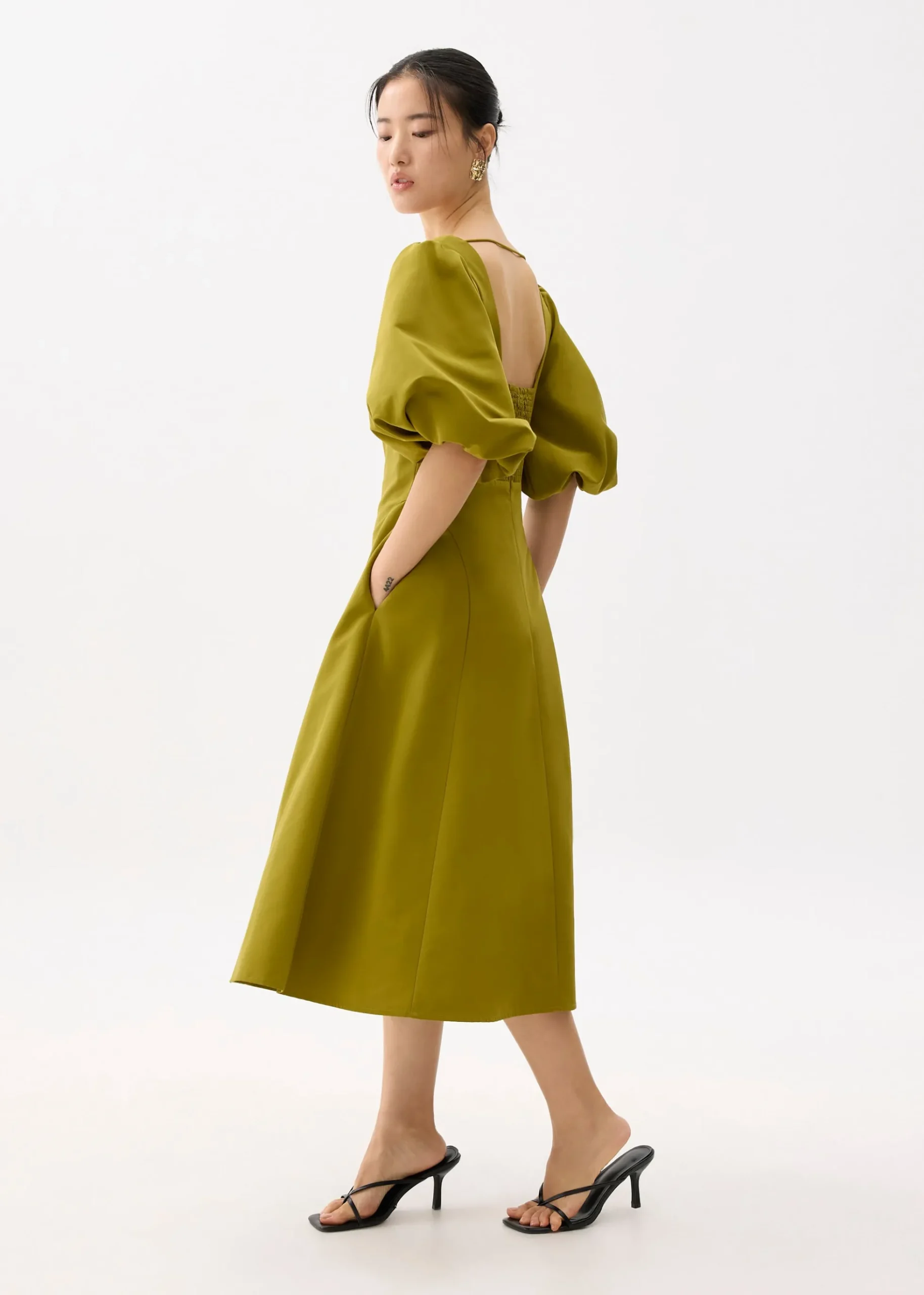 Square Neck Puff Sleeve Midi Dress