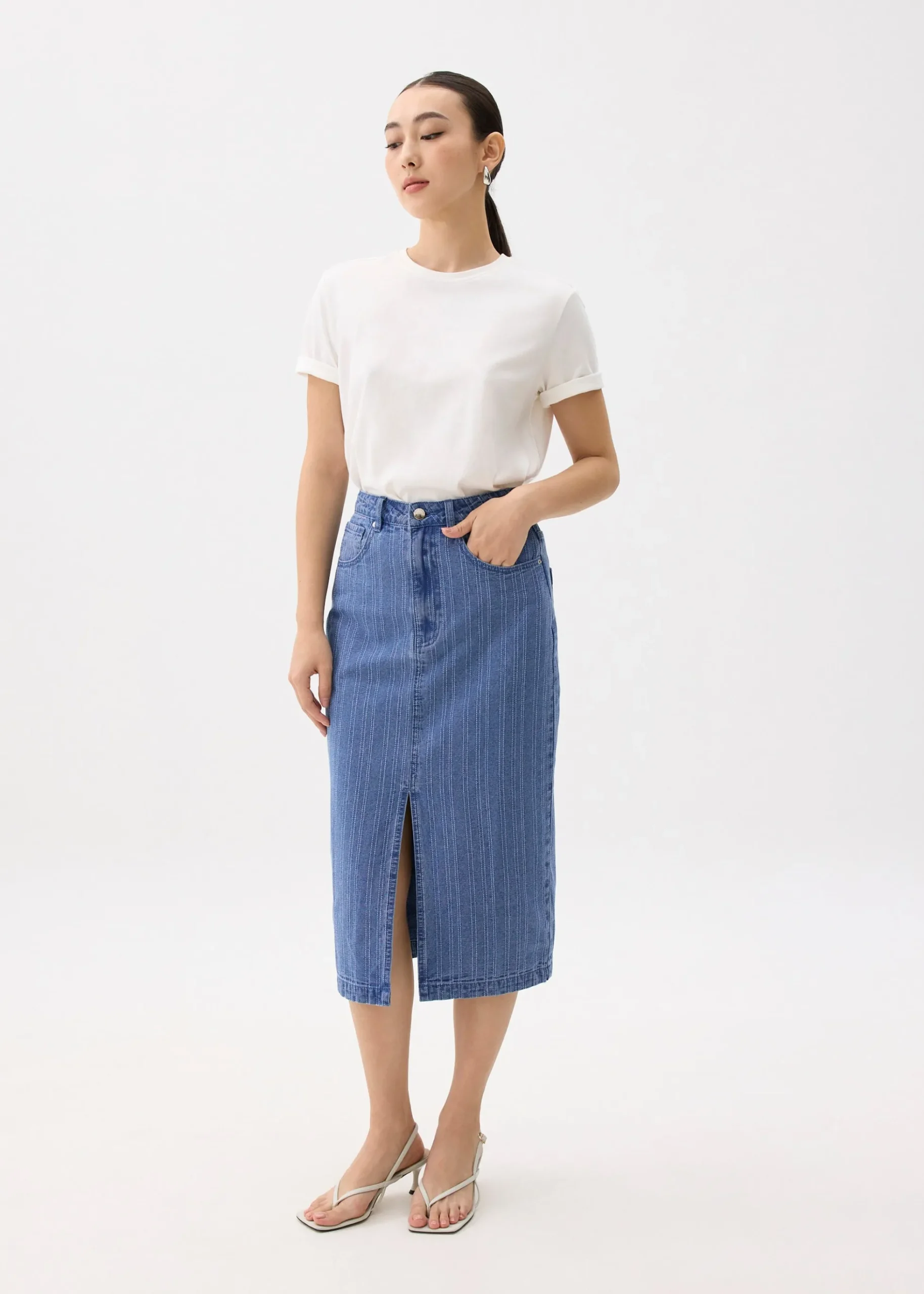 Striped Denim Column Midaxi Skirt