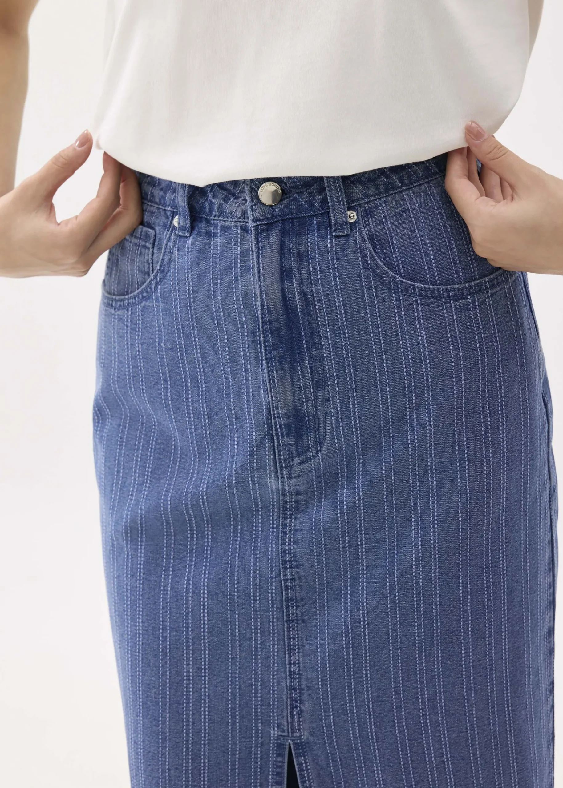 Striped Denim Column Midaxi Skirt