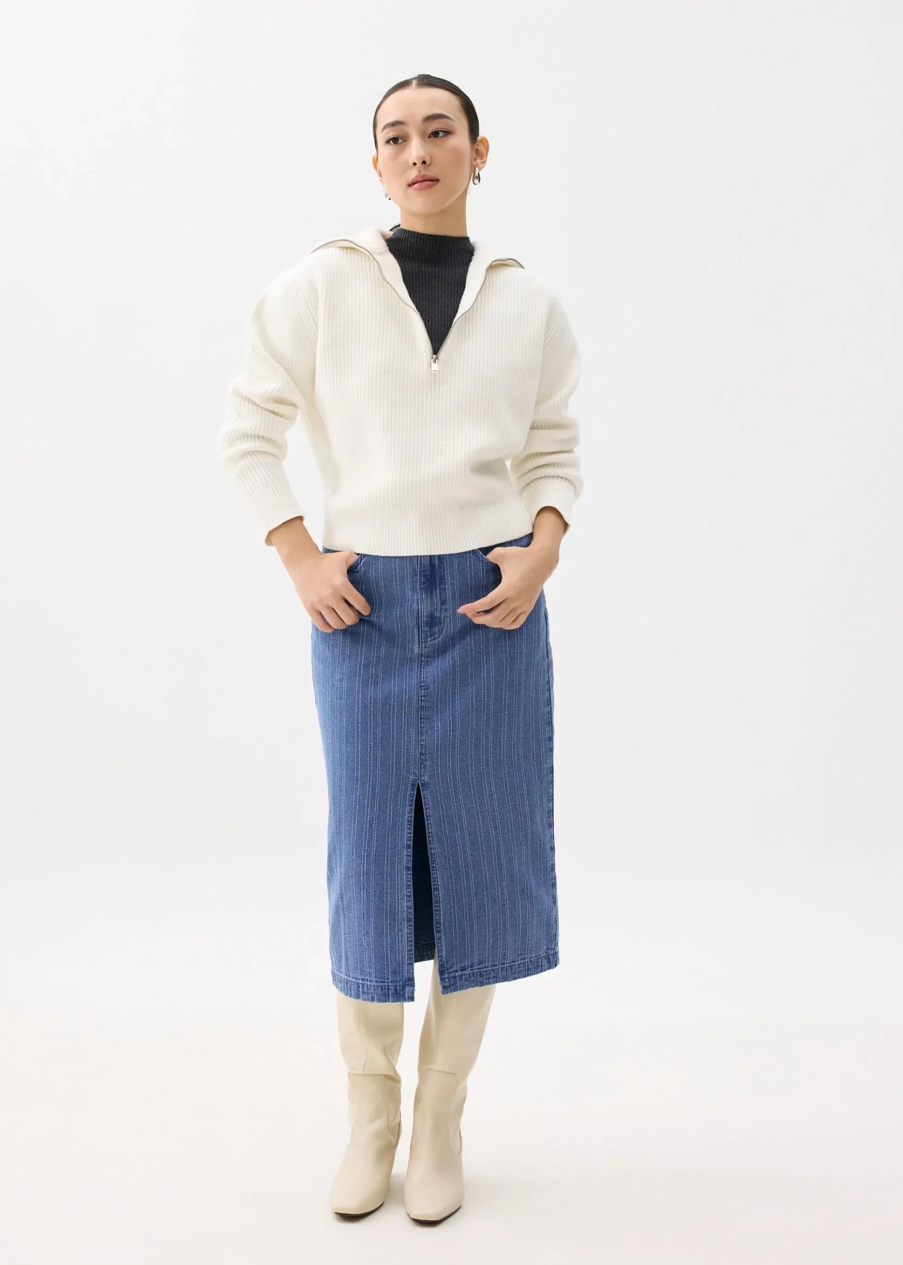 Striped Denim Column Midaxi Skirt