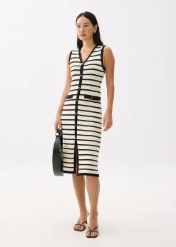 Striped Knit V-neck Column Midi Dress