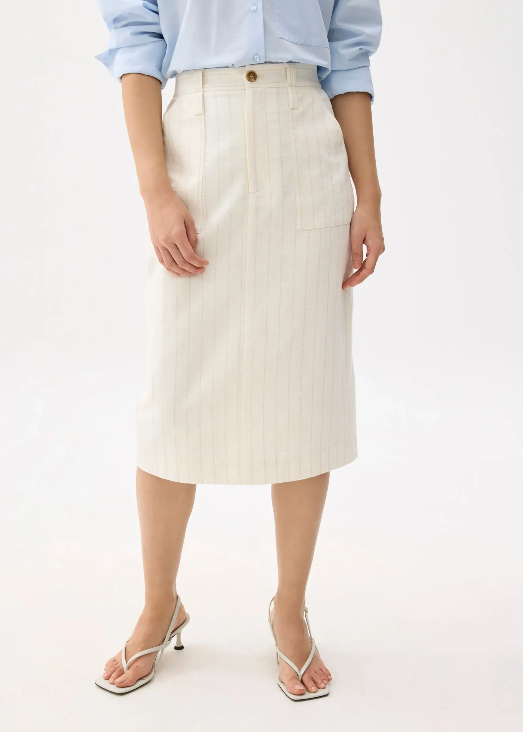 Striped Linen High Waist Column Midi Skirt