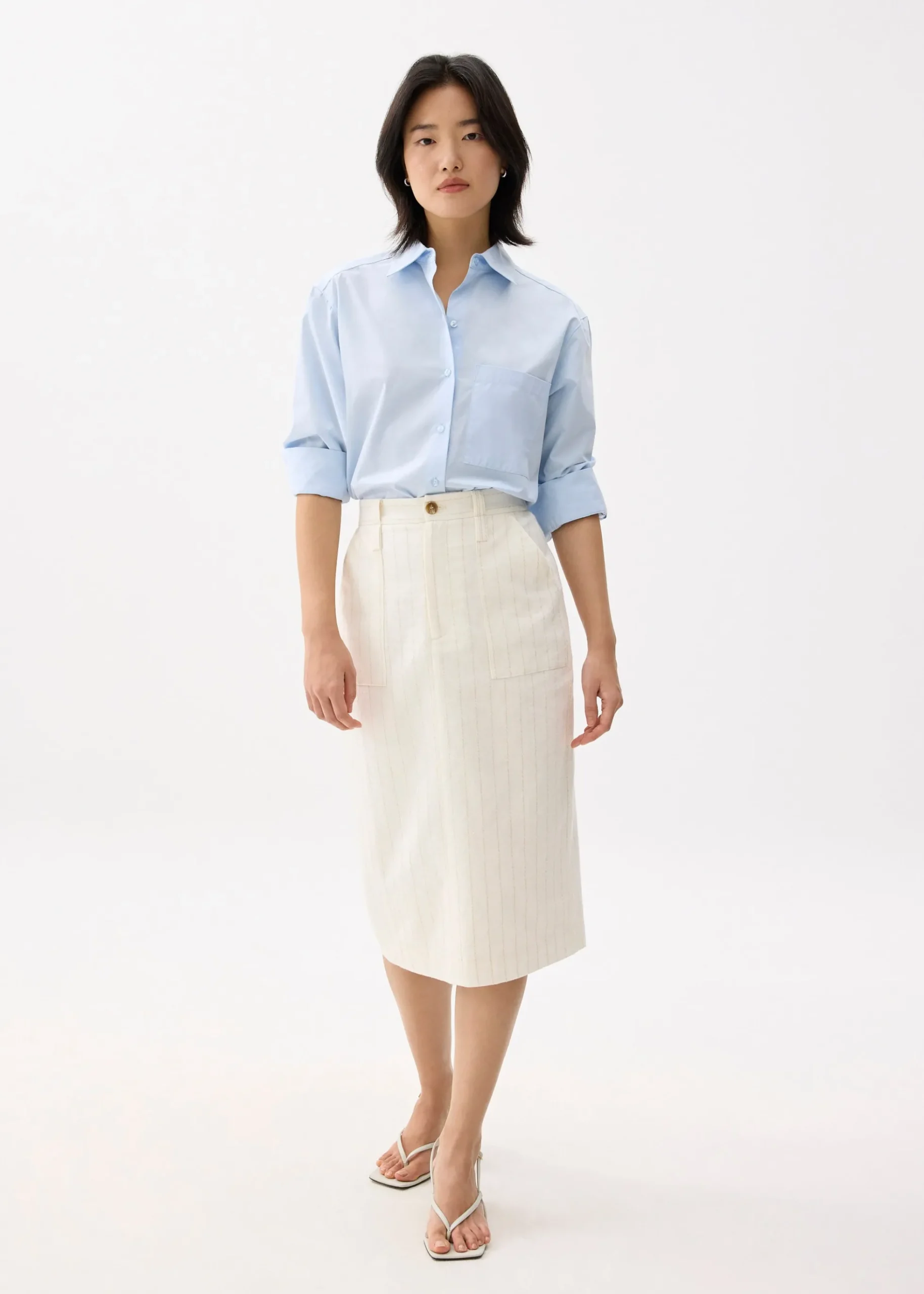 Striped Linen High Waist Column Midi Skirt