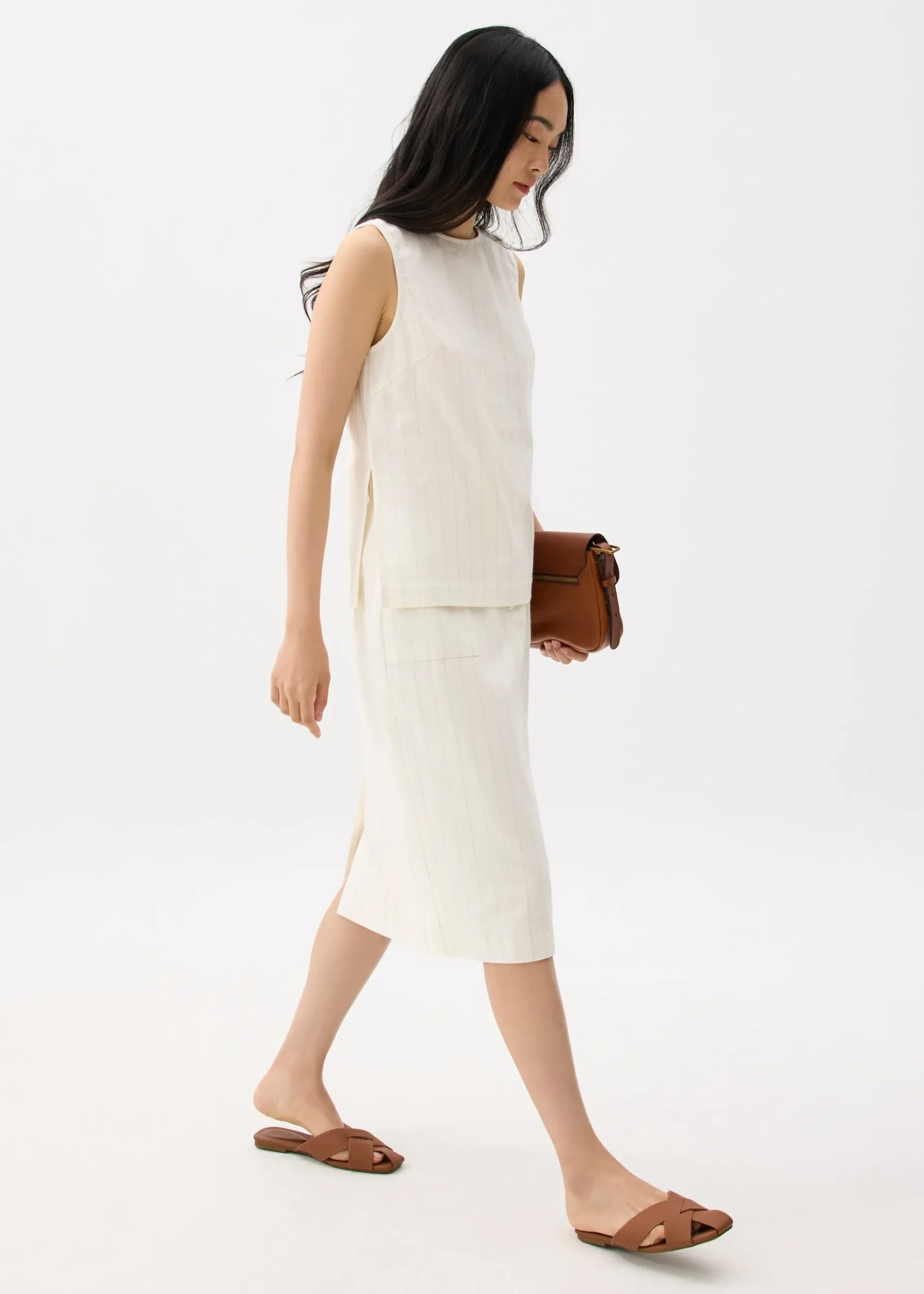 Striped Linen High Waist Column Midi Skirt