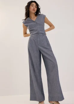 Striped Linen Wide Leg Pants in Indigo