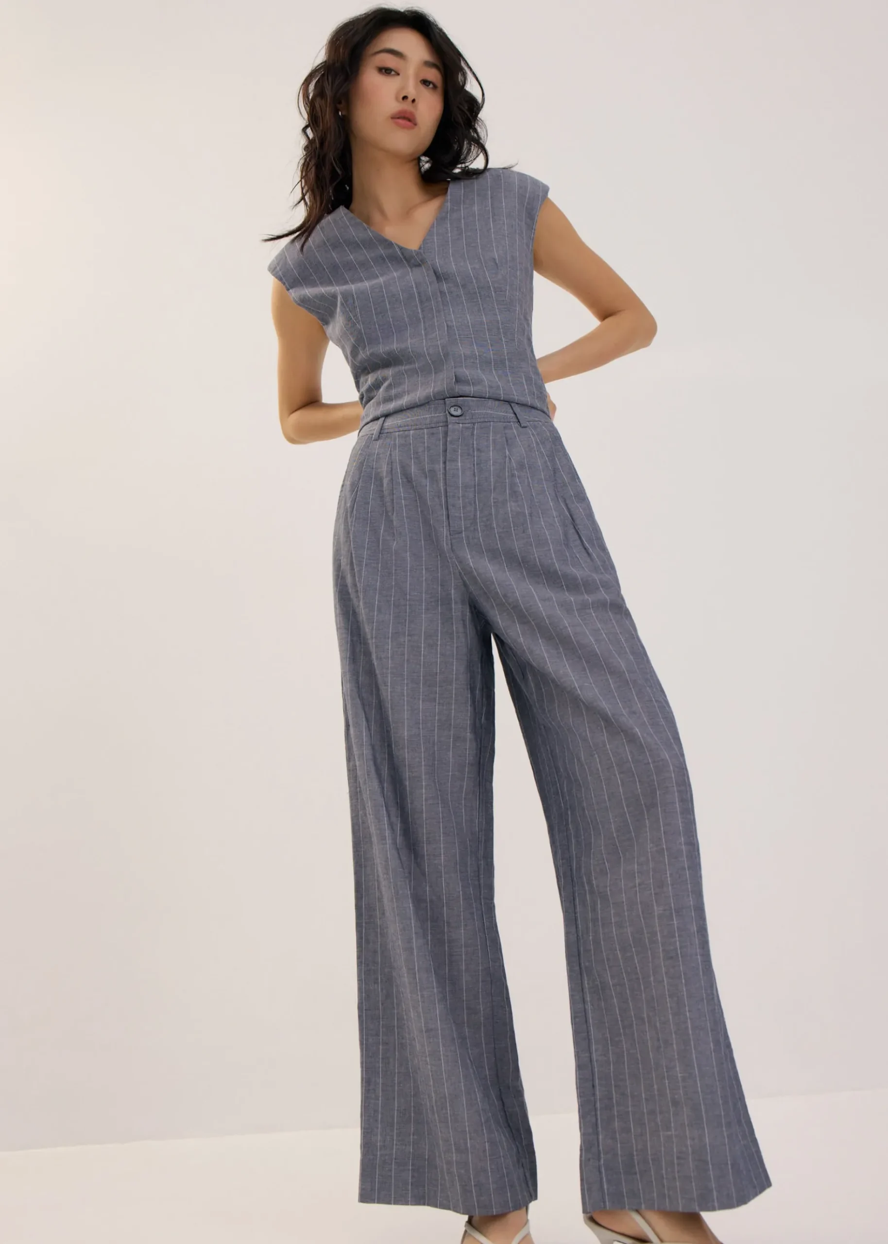 Striped Linen Wide Leg Pants in Indigo