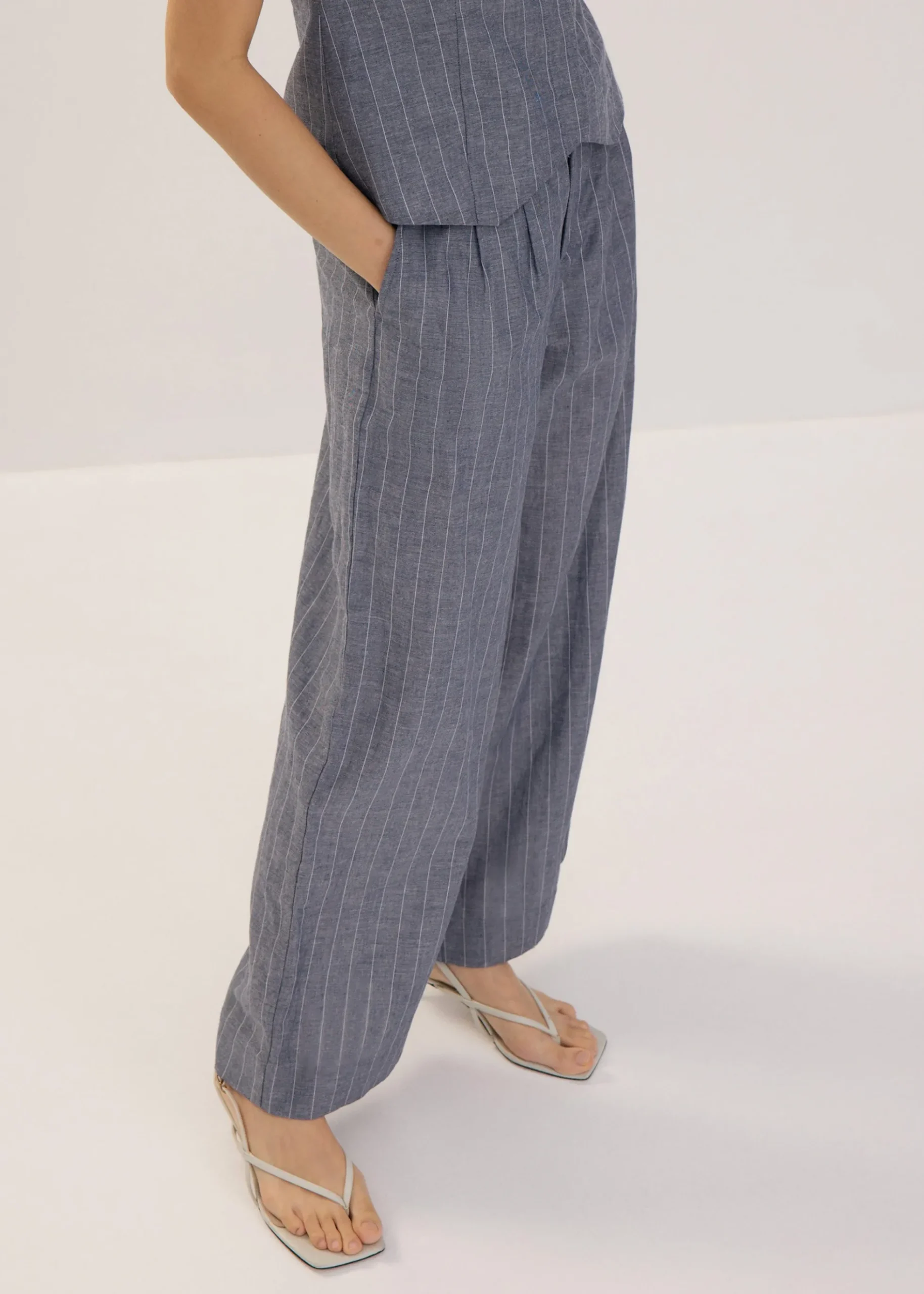 Striped Linen Wide Leg Pants in Indigo