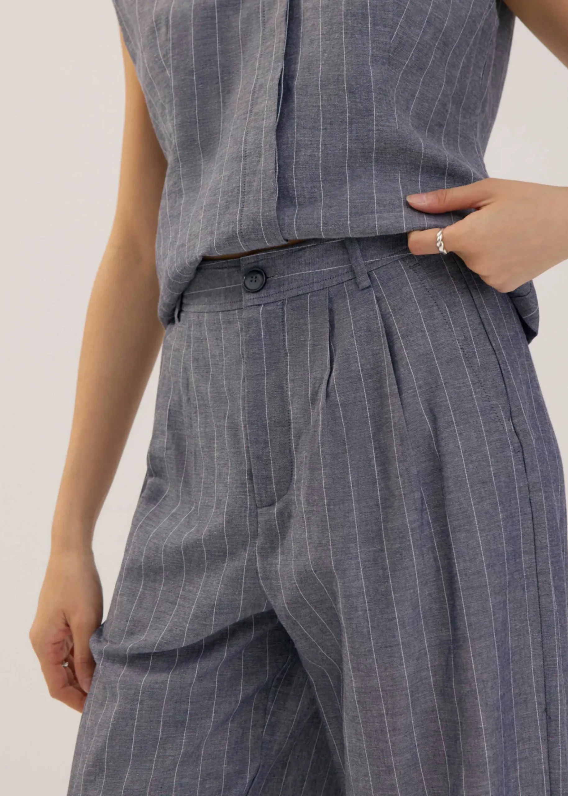 Striped Linen Wide Leg Pants in Indigo