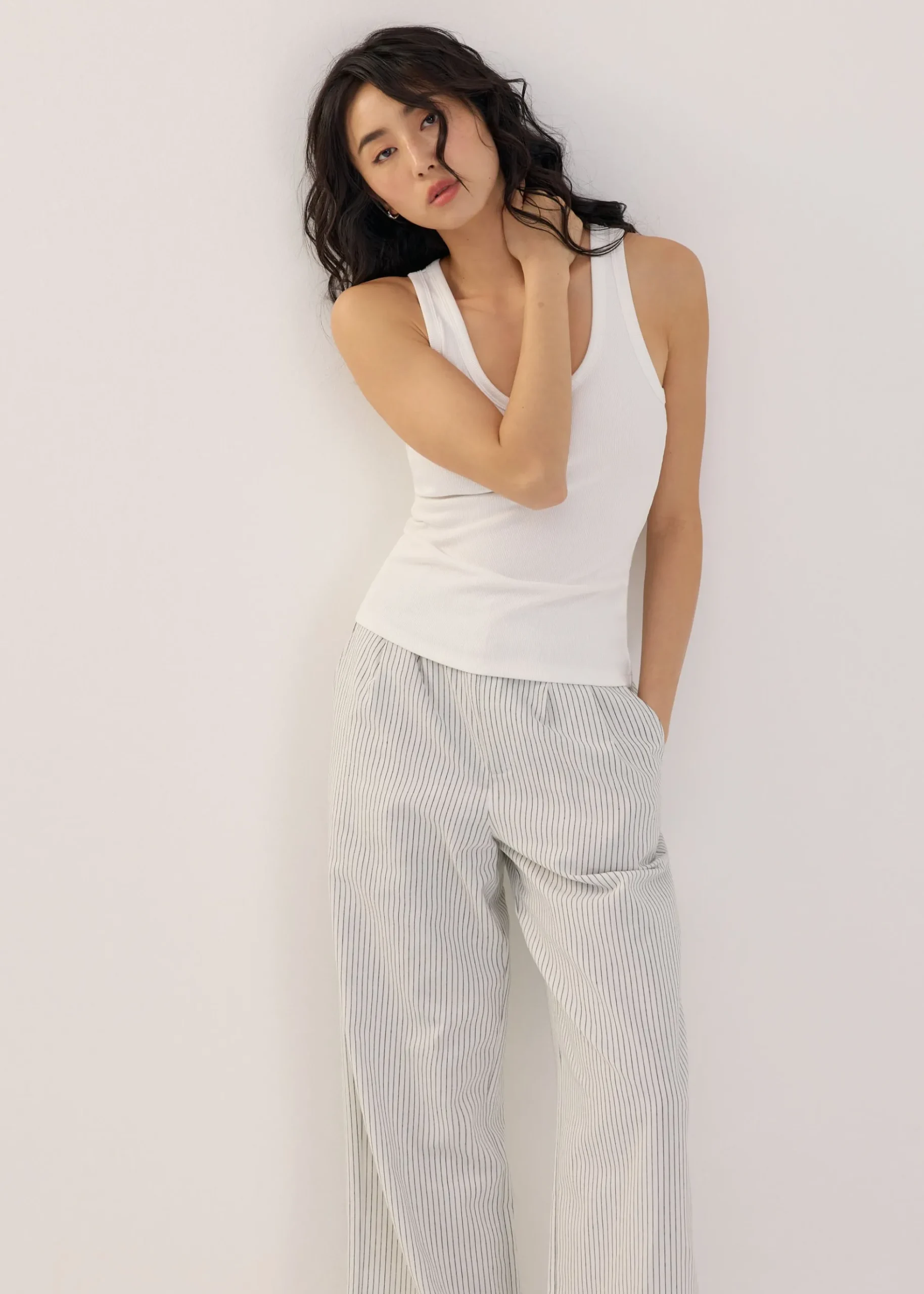 Striped Linen Wide Leg Pants in White