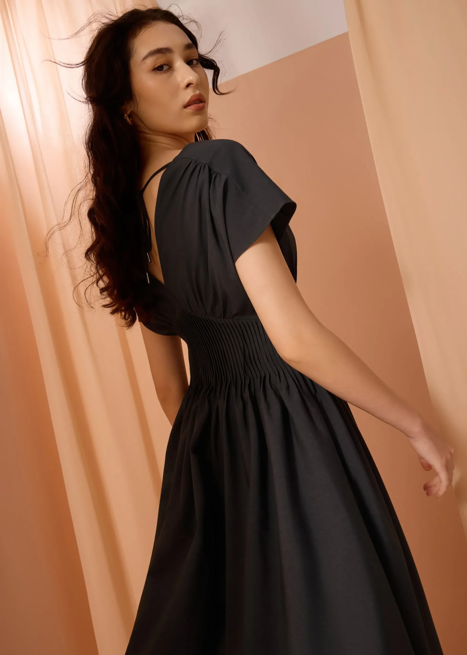 Trinh Pintuck Plunge Fit & Flare Midaxi Dress
