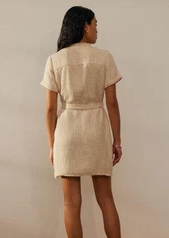 Tweed Belted Button Down Shift Dress