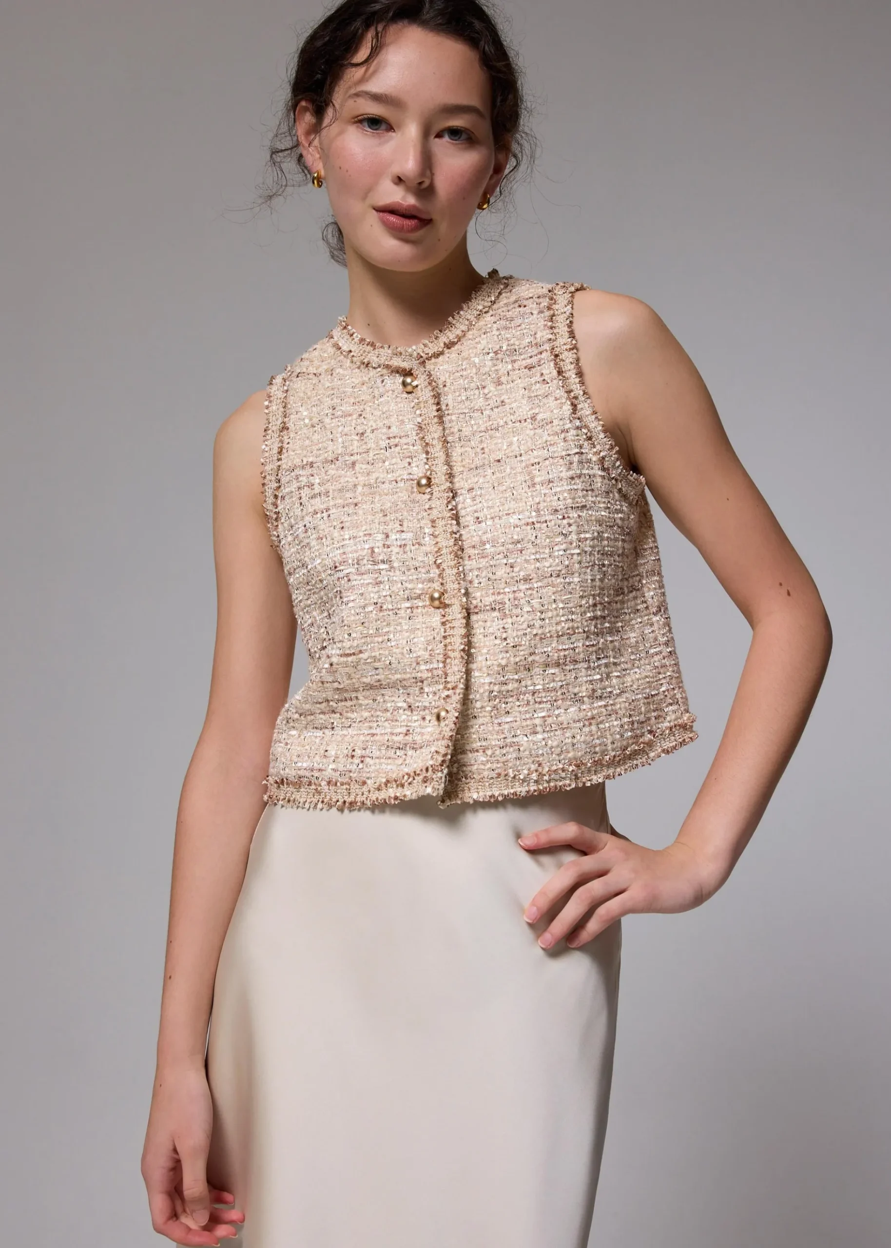 Tweed Round Neck Crop Vest