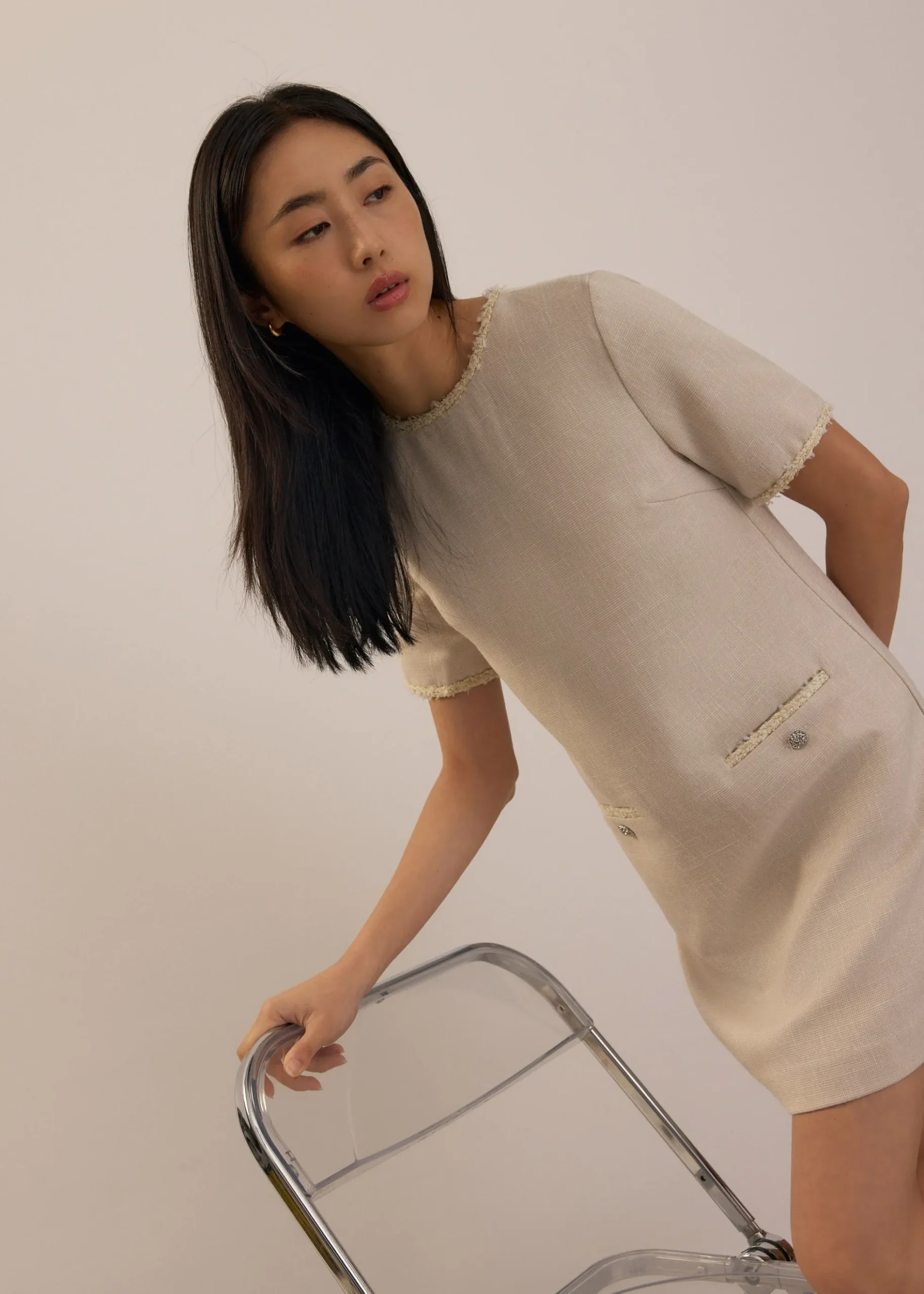 Tweed Round Neck Shift Mini Dress